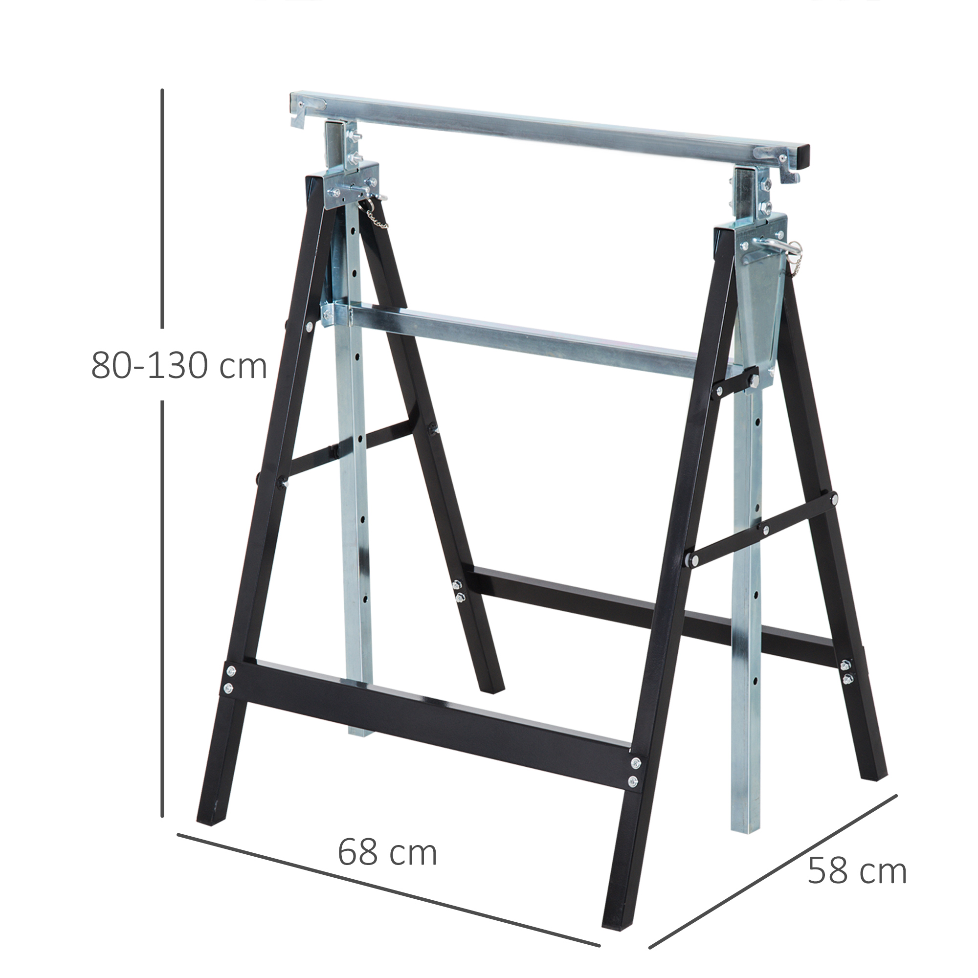 Tréteaux pliables à hauteur réglable en acier, 80 à 130 cm, charge 200 kg, lot de 2