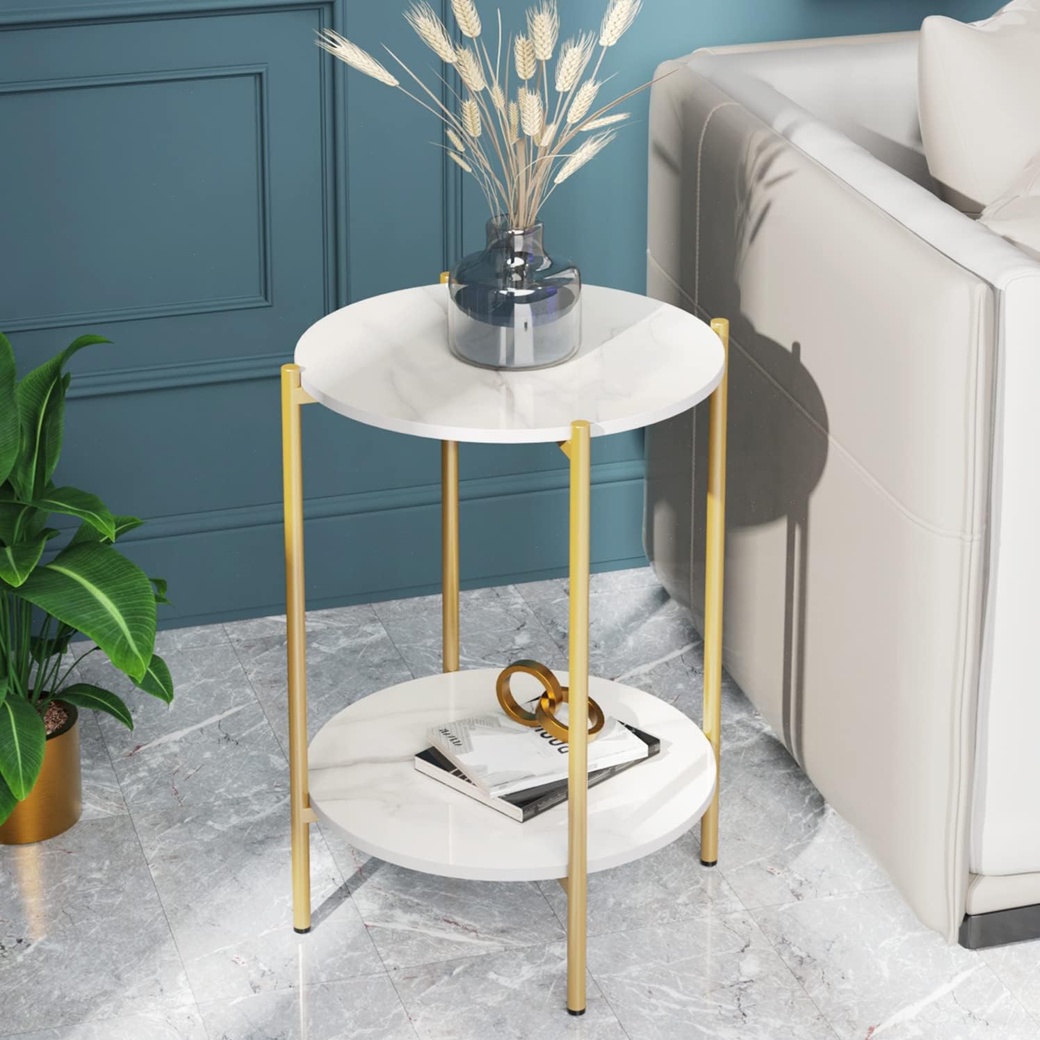 Unho – Table D'Appoint Ronde En Marbre Blanc Poli – Piétement En Fer