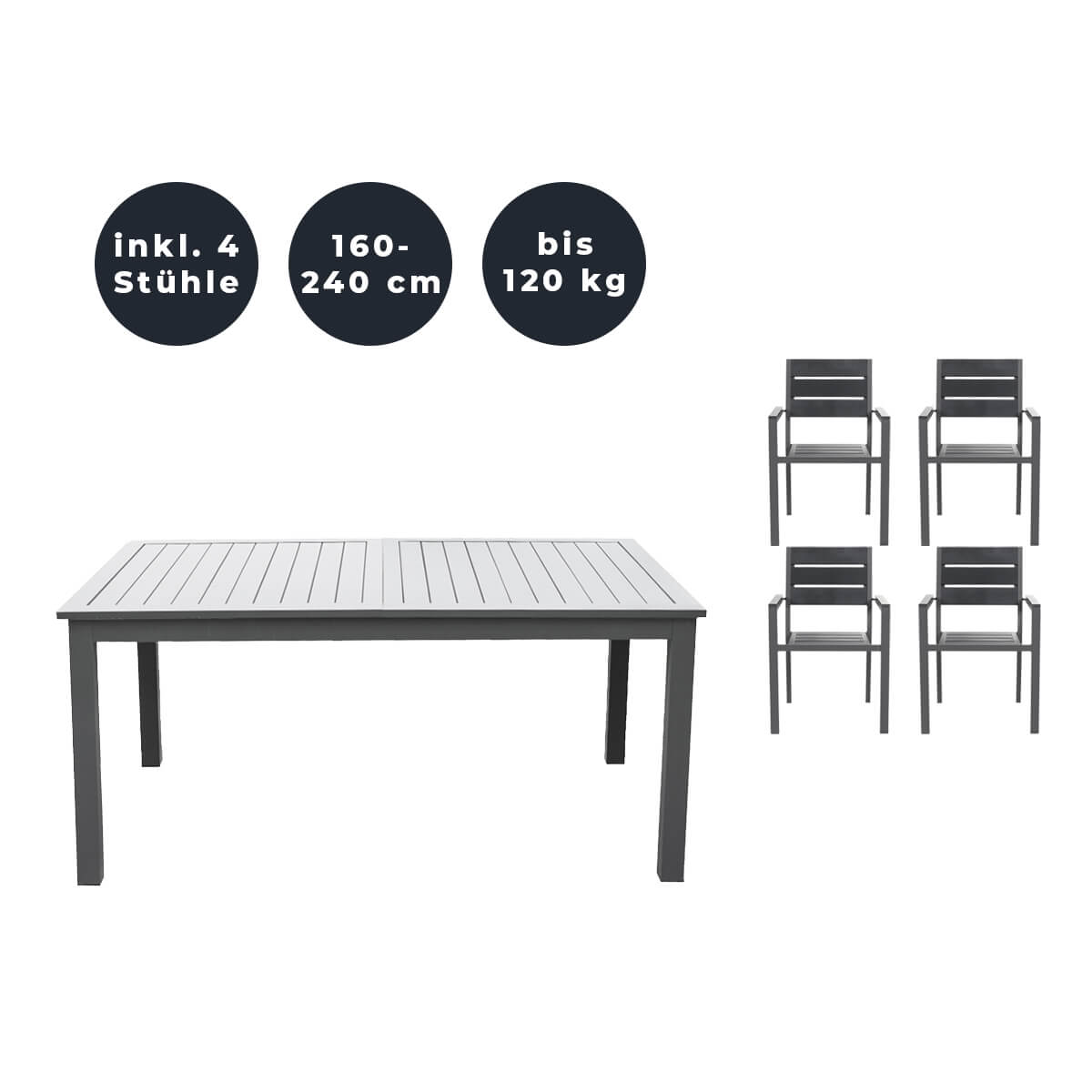HOME DELUXE Garten-Sitzgruppe ausziehbar CASA MADERA - 160/240 x 100 cm 4 Stühle