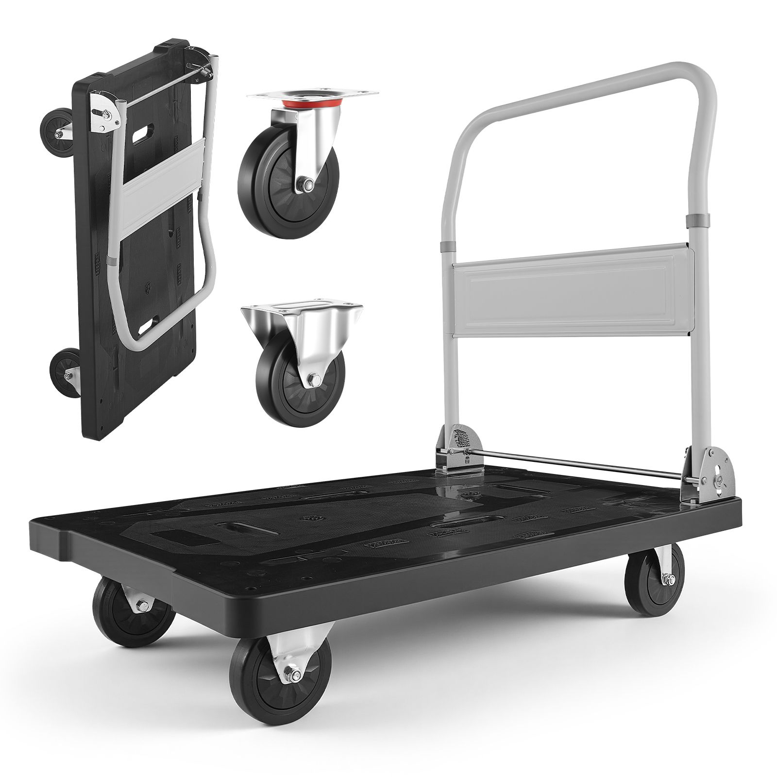 Chariot de transport pliable à plateforme, capacité 299 kg, roues pivotantes 5 pouces, poignée escamotable, noir