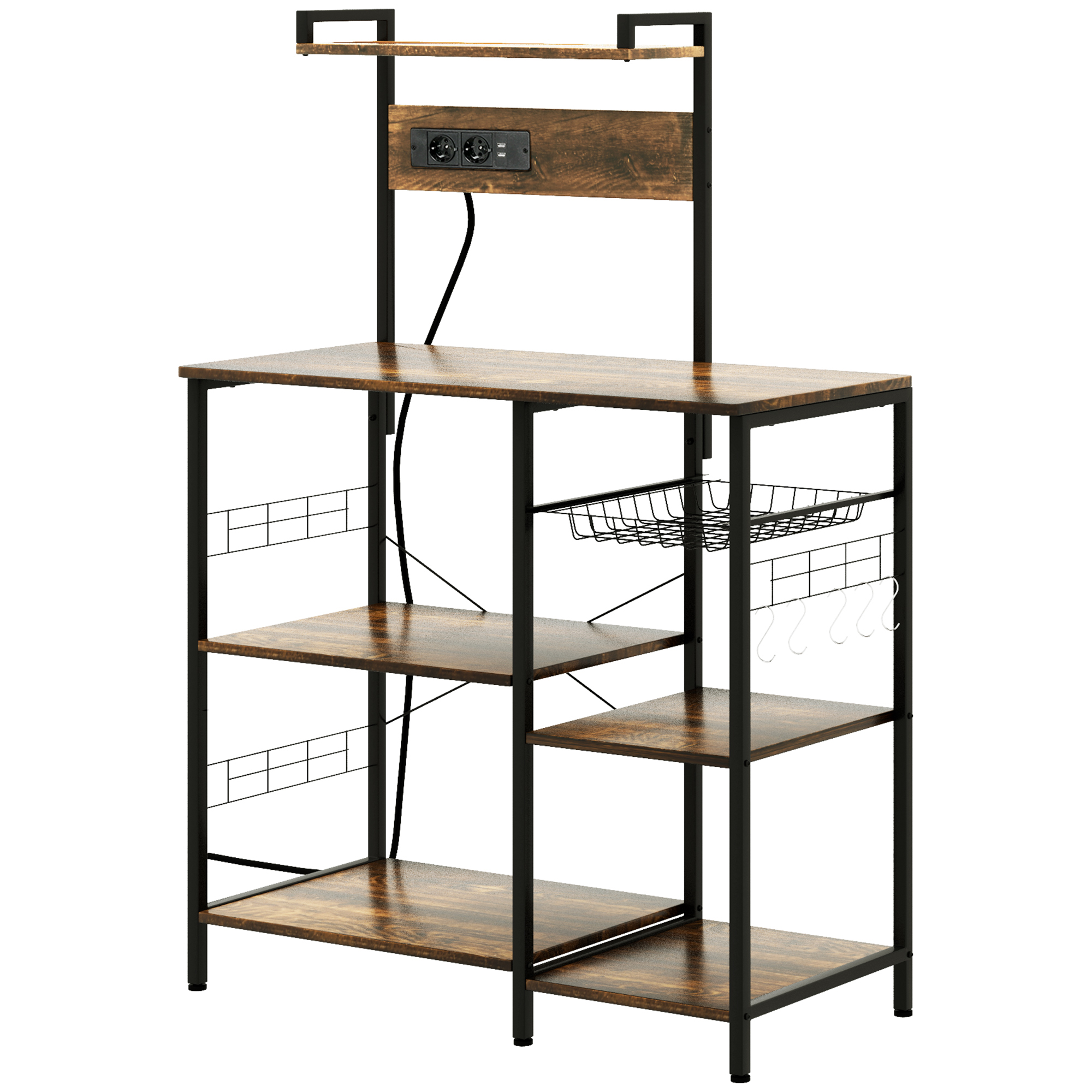 Estante HOMCOM para Cocina, Mueble de Cocina, Estante de Microondas, Almacenamiento de Cocina, Estilo Industrial con Enchufe, 90x42x130 cm, Marrón Rústico
