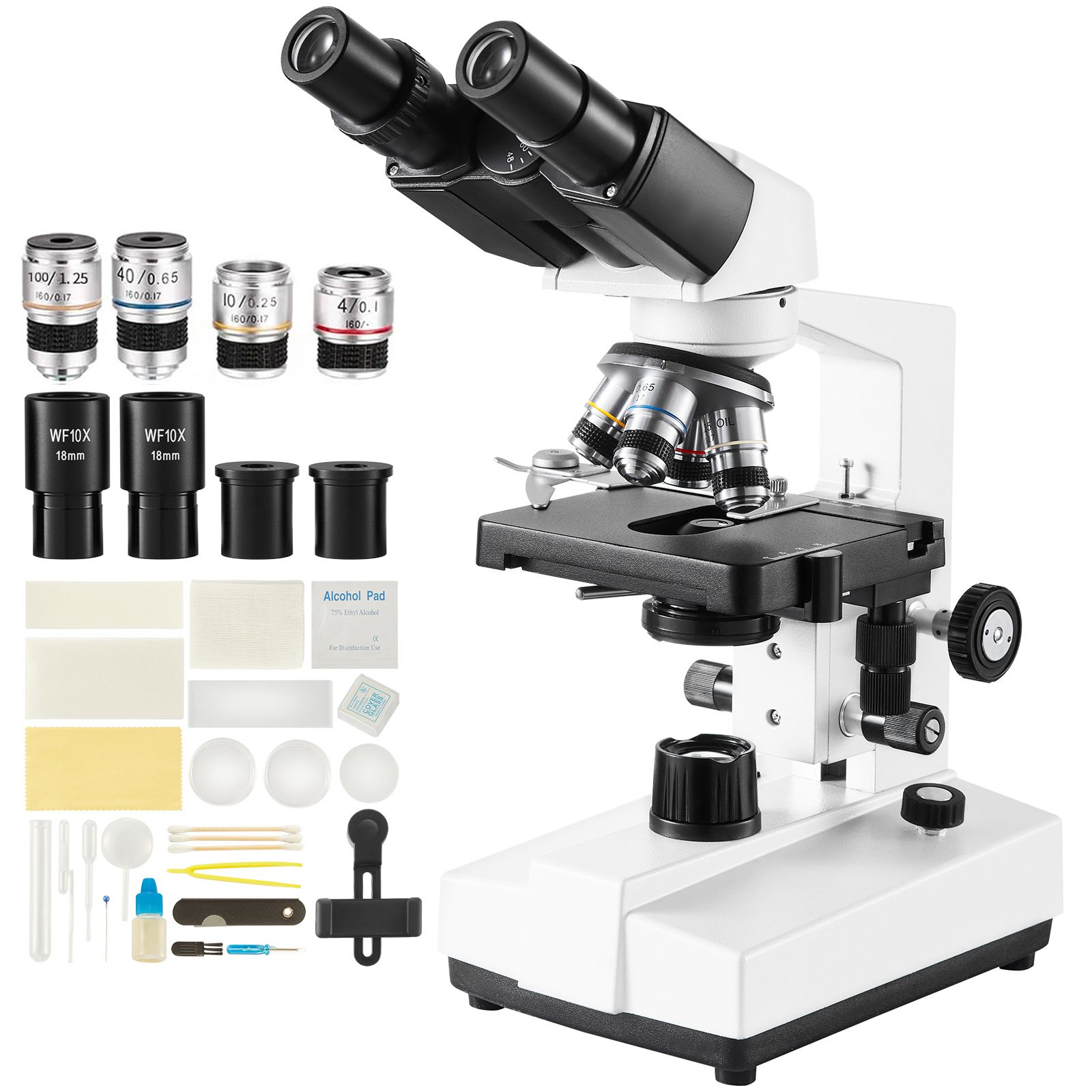 Microscope binoculaire professionnel 40x-2500x, éclairage LED, platine mécanique double couche, tête rotative, support téléphone et lames inclus