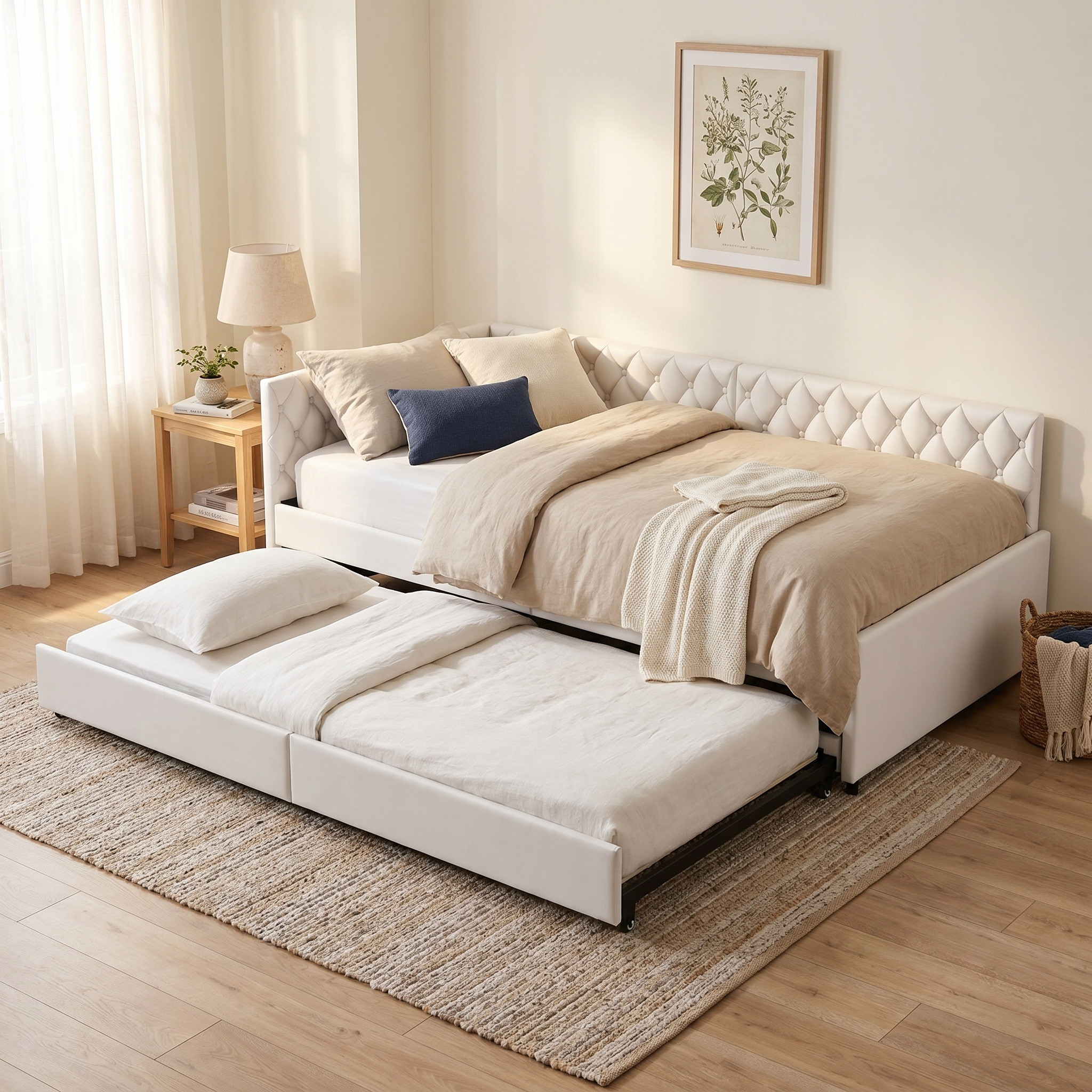 Canapé Convertible, Lit Banquette Gigogne 90x200 Cm Avec Lit D'Appoint