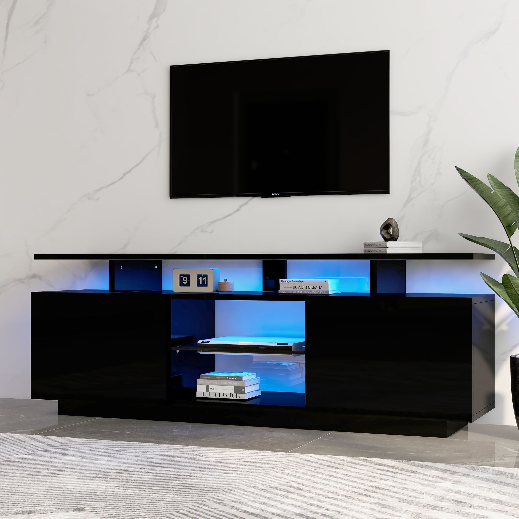 Stilvora Tv-lowboard Mit 2 Türen Und 5 Fächern Und App-led, Hochglanz-fronten, 140×35×55 Cm, Aus Spanplatte, Schwarz
