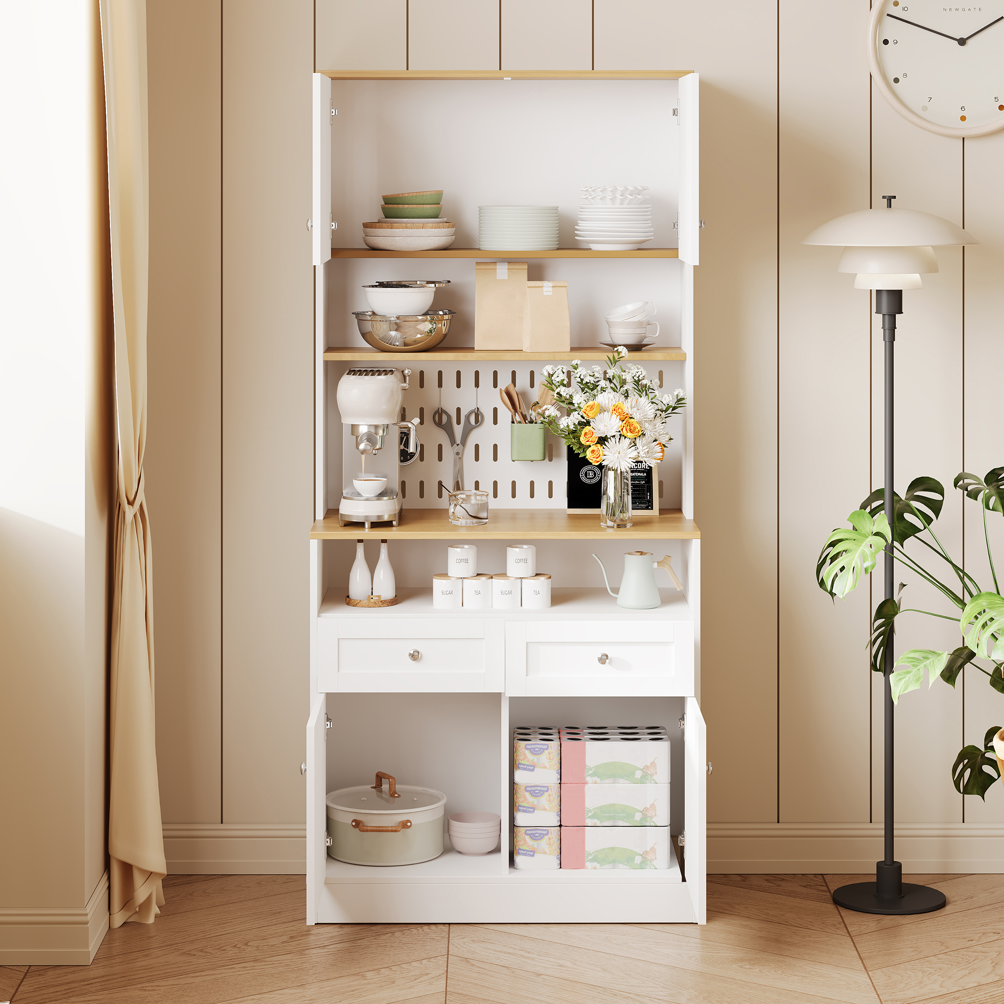 Stilvora Küchenbuffet Mit Türen, Schubladen, Offenen Fächern Und Lochwand, Aus Mdf Und Spanplatte, 80 X 40 X 175 Cm