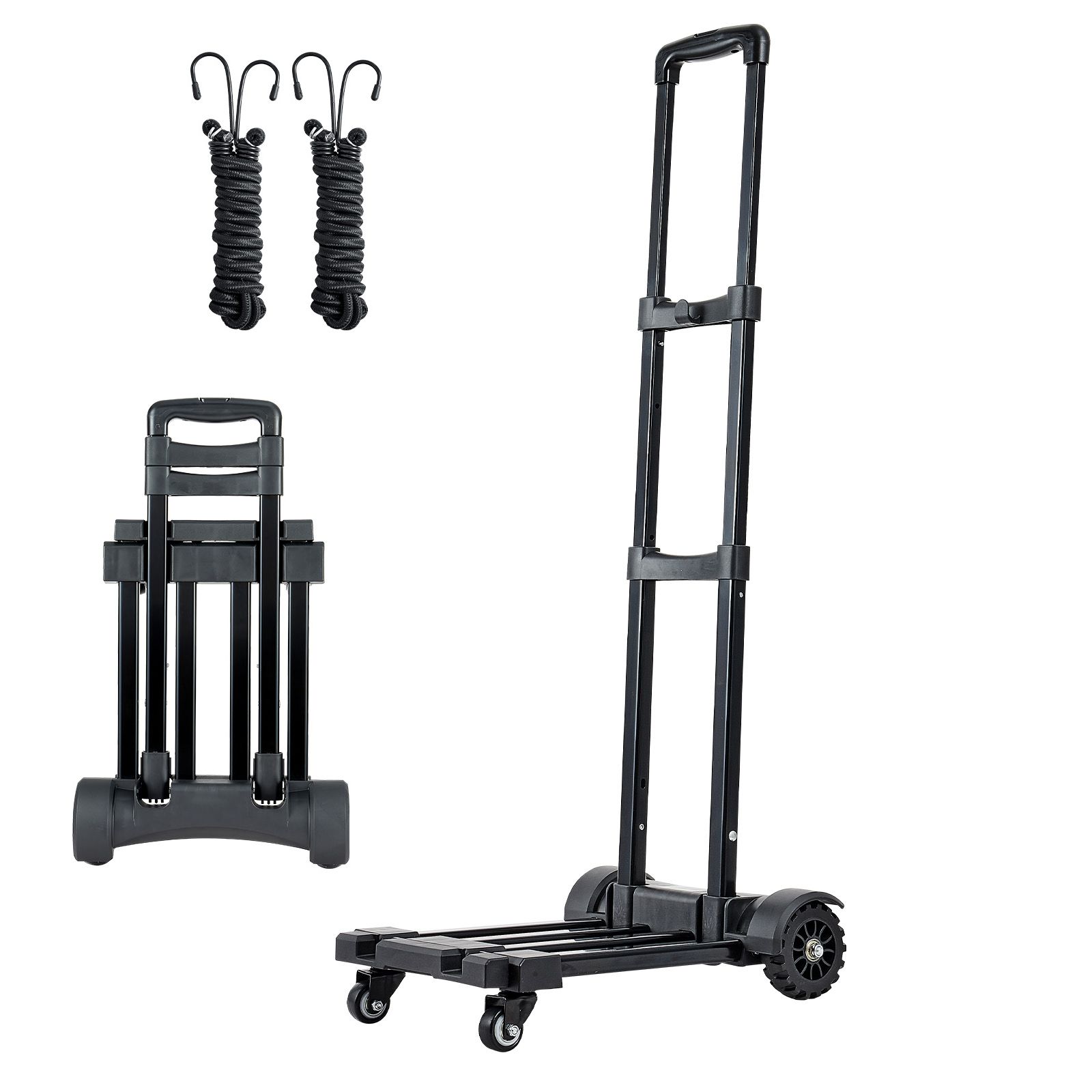 Diable pliable 4 roues à base extensible, capacité 131,5 kg, 2 sangles élastiques, noir