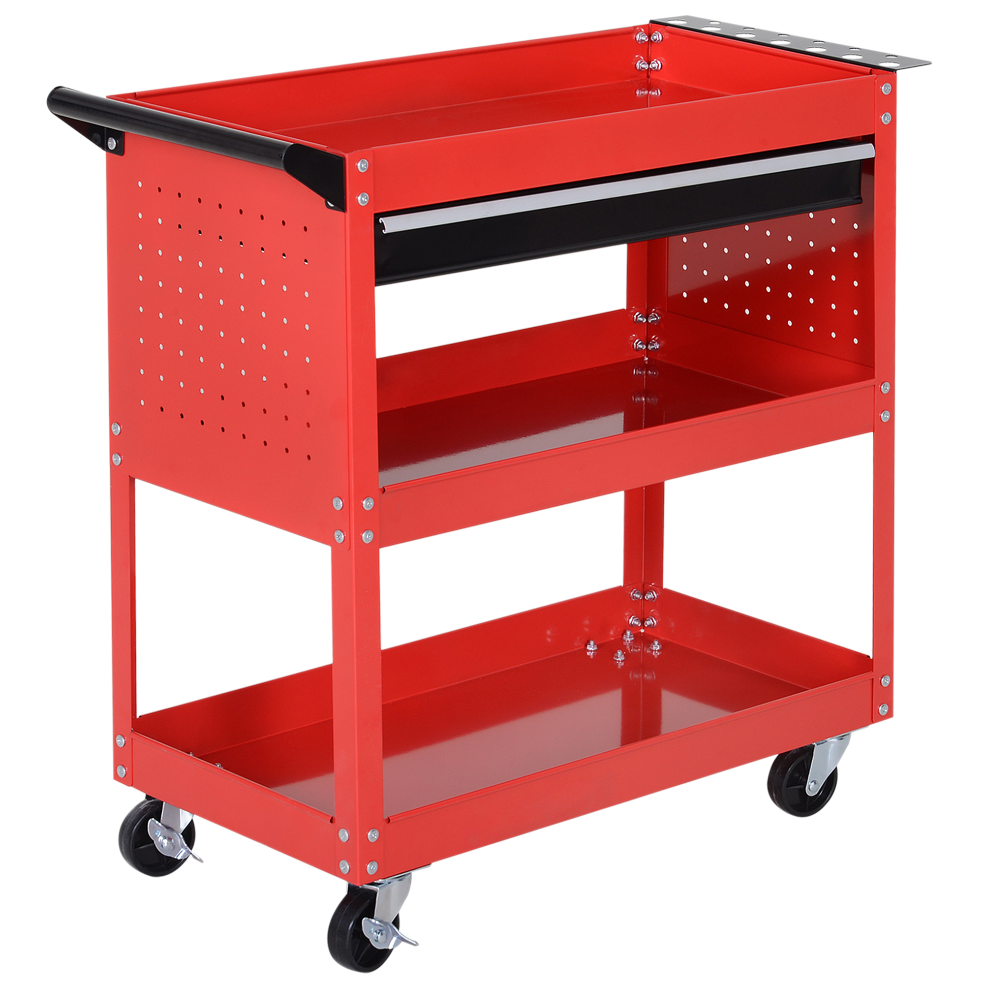 Servante d'atelier à 3 plateaux et tiroir, acier, 60 kg, support d'outils et panneau perforé, 82 x 35 x 76 cm