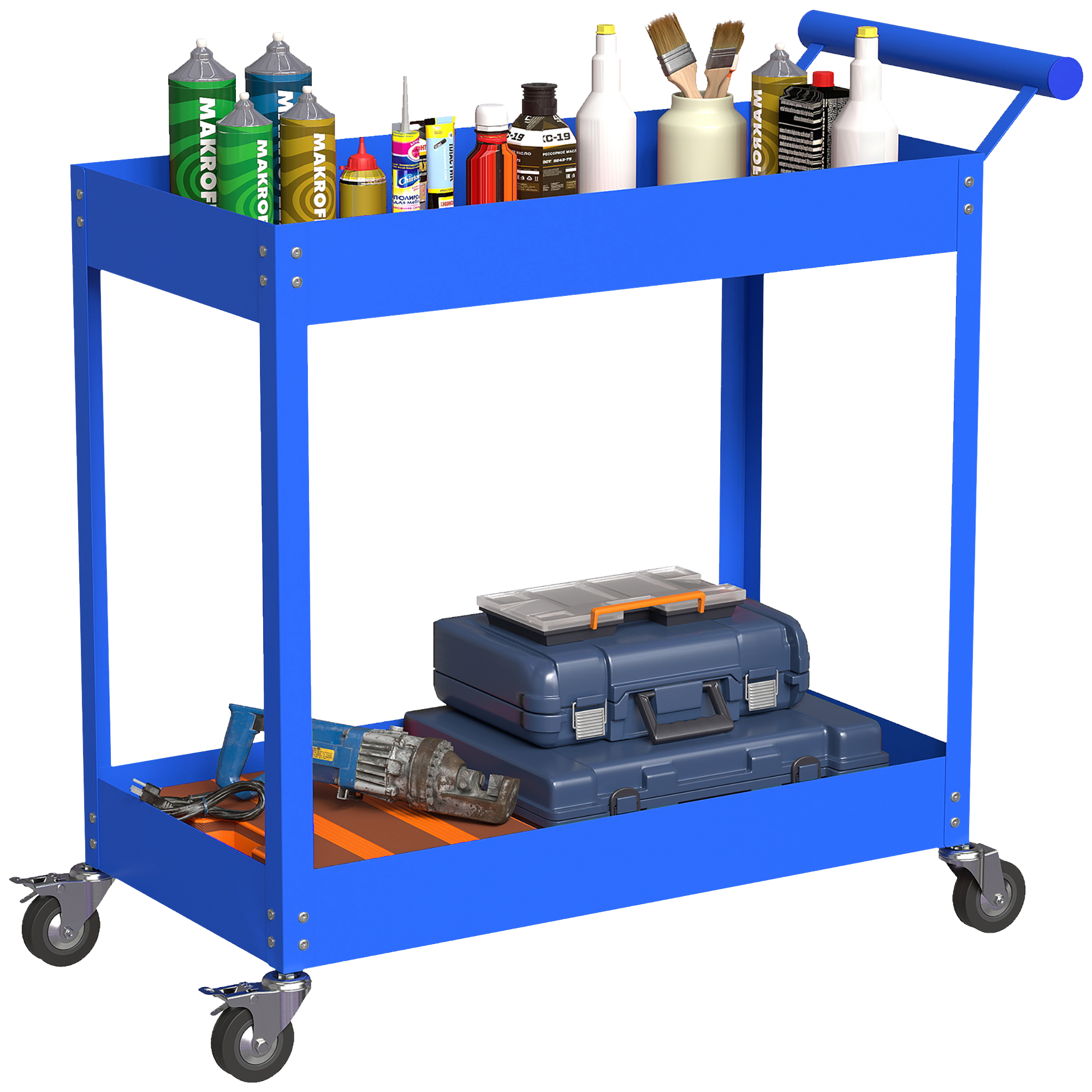 Chariot d'atelier 2 niveaux en acier laminé, charge 150 kg, 4 roulettes PU dont 2 verrouillables, poignée latérale, bleu