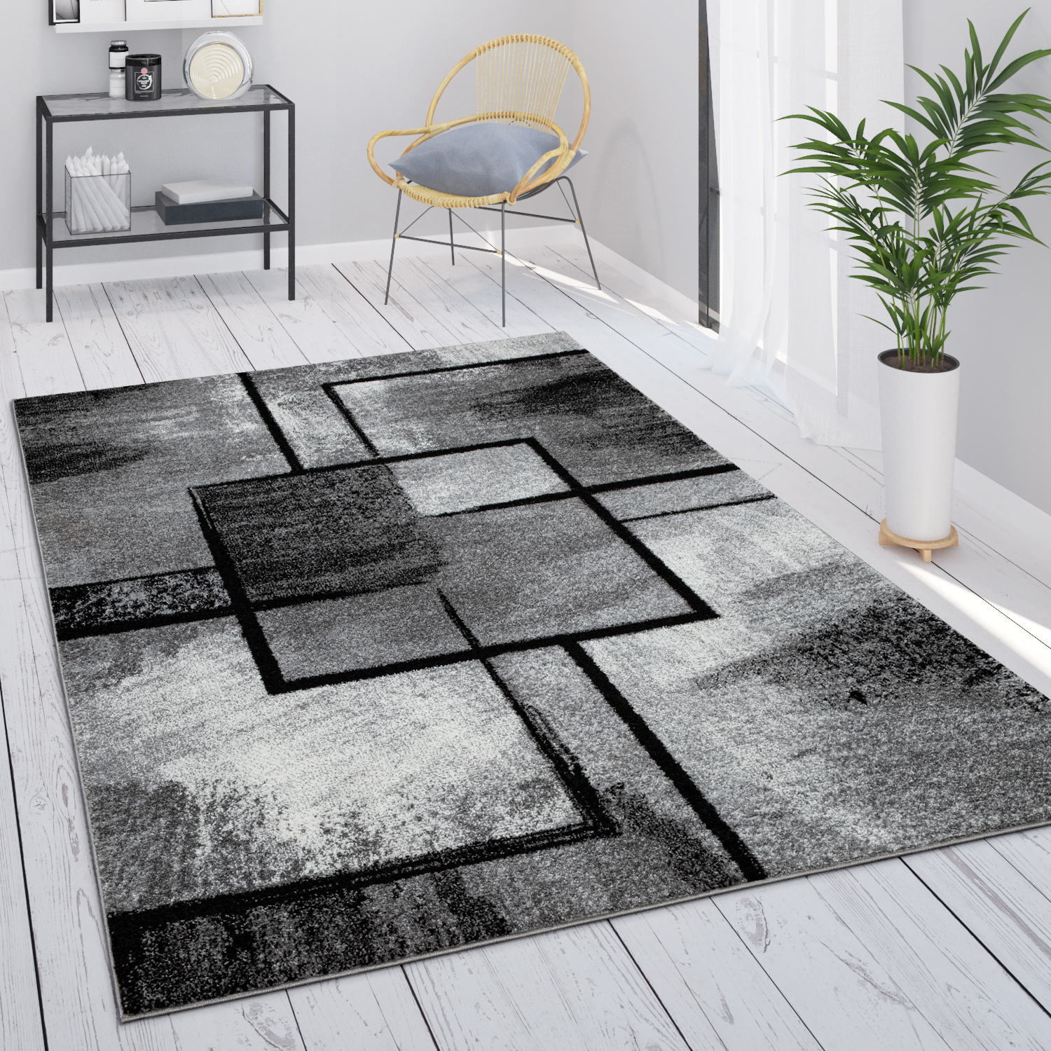 Paco Home Teppich Grau Wohnzimmer Vintage Kurzflor Geometrisch Abstraktes Muster 160x230 Cm, Grau 4