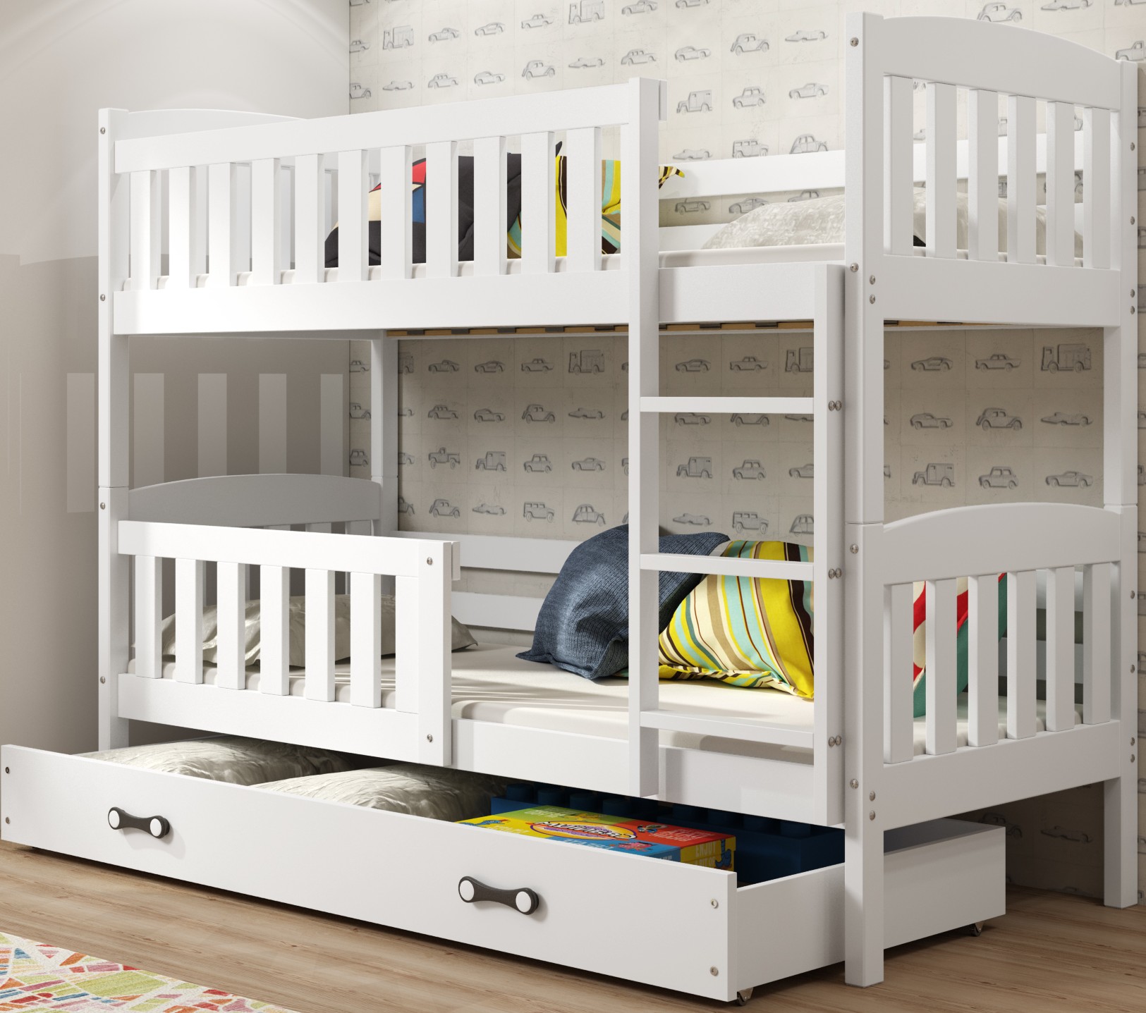 Lit Superposé Quba 90x200 Bois Massif-pin- Barrière- Sommier- Tiroir- Séparable En 2 Lit-sans Matelas (blanc)