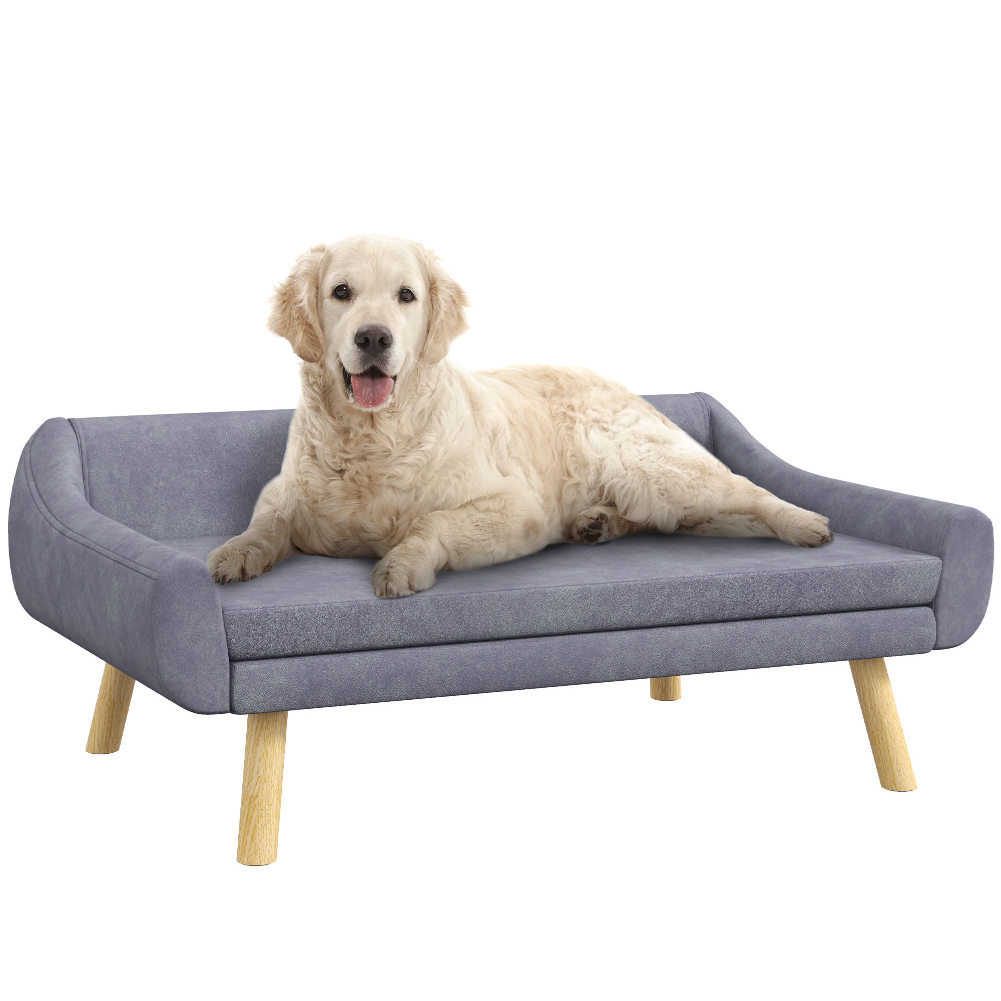 Pawhut Hundesofa Katzensofa Mit Rückenlehne, Hundecouch Mit Holzbeine, Haustiersofa Mit Kissen, Hundebett Für Mittelgroße Und Große Hunde, Samt, Grau, 102 X 58,5 X 42,5 Cm