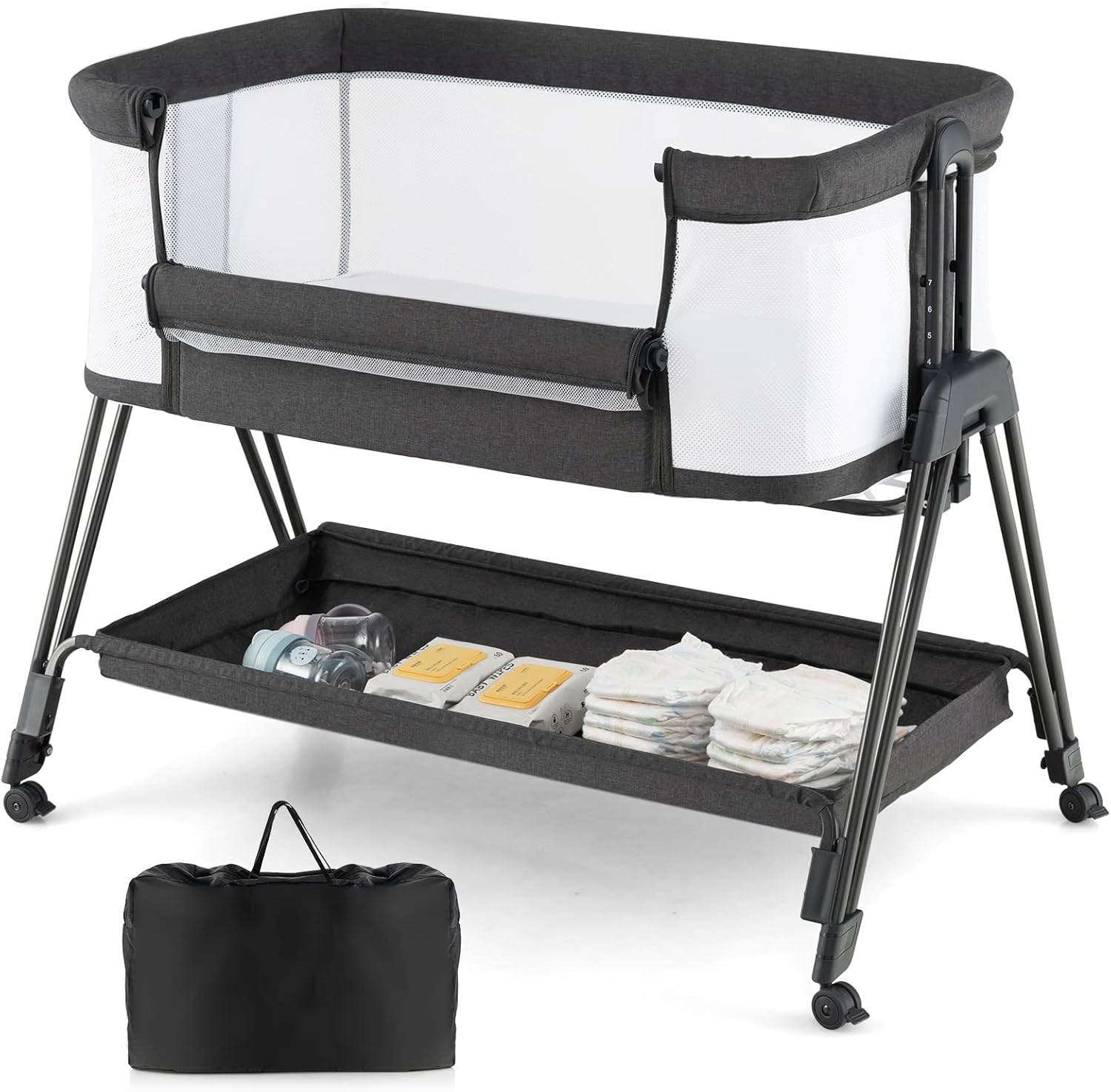 Costway – Lit Cododo Bébé Avec Matelas – 4 Roues Verrouillables – 7 Hauteurs Réglables – Étagère De Rangement – Tissu En Maille Pour Circulation D'Air