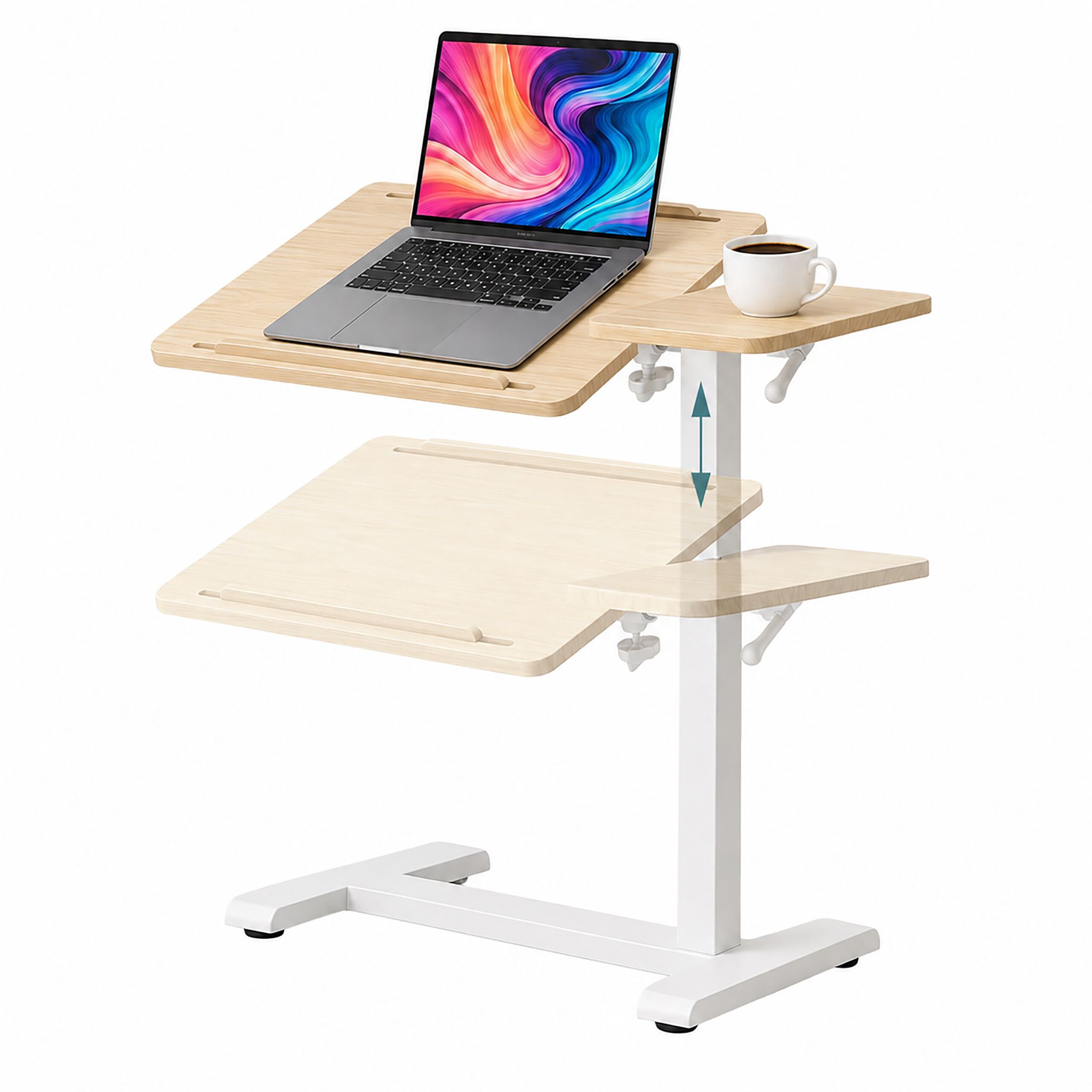 Relaxdays Bureau Assis-debout, Ordinateur Portable, Réglable 67,5–102 Cm, Inclinable, Roulettes, Forme C, Naturel/blanc