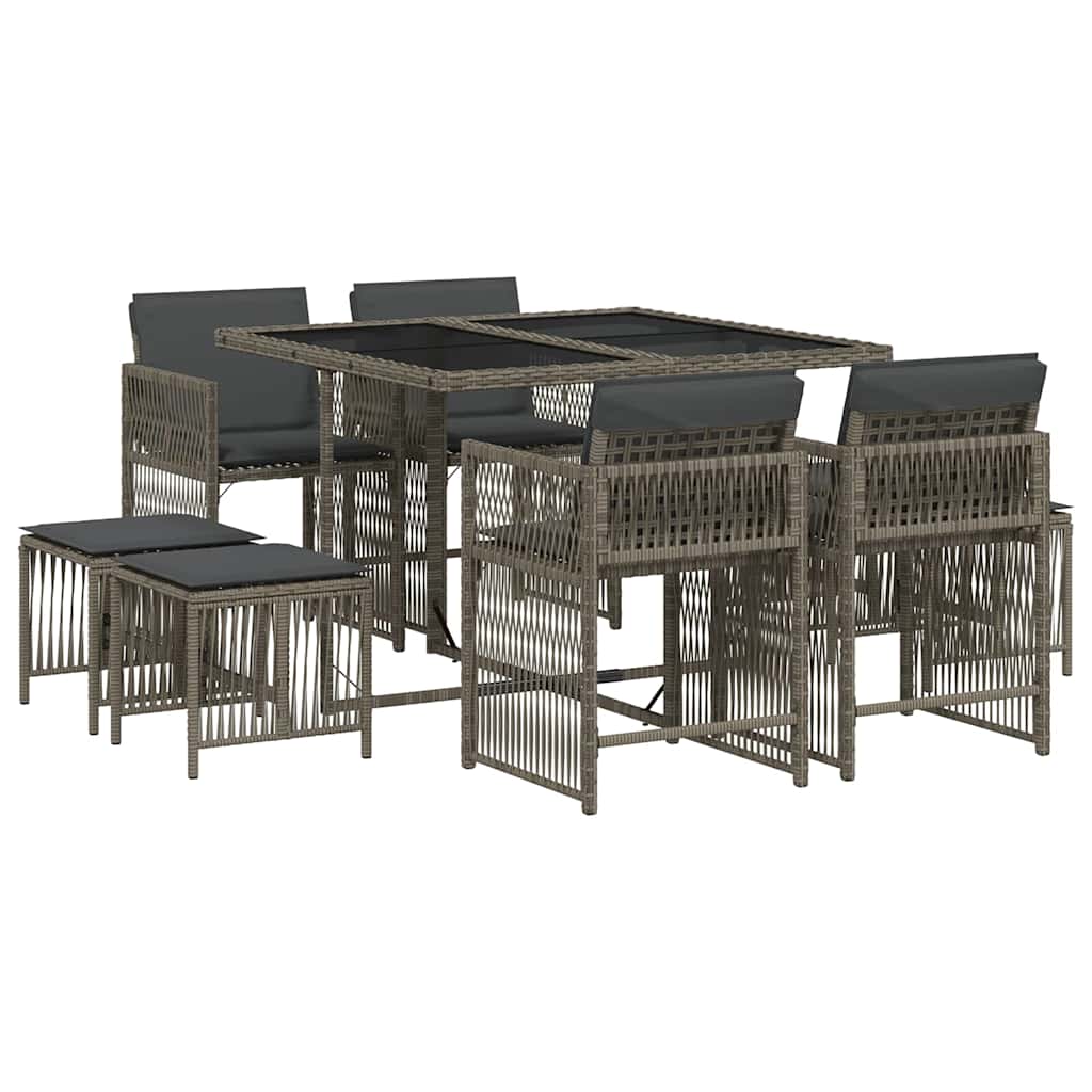 9 Piece Garden Dining Set With Cushions Grey Poly Rattan Vidaxl