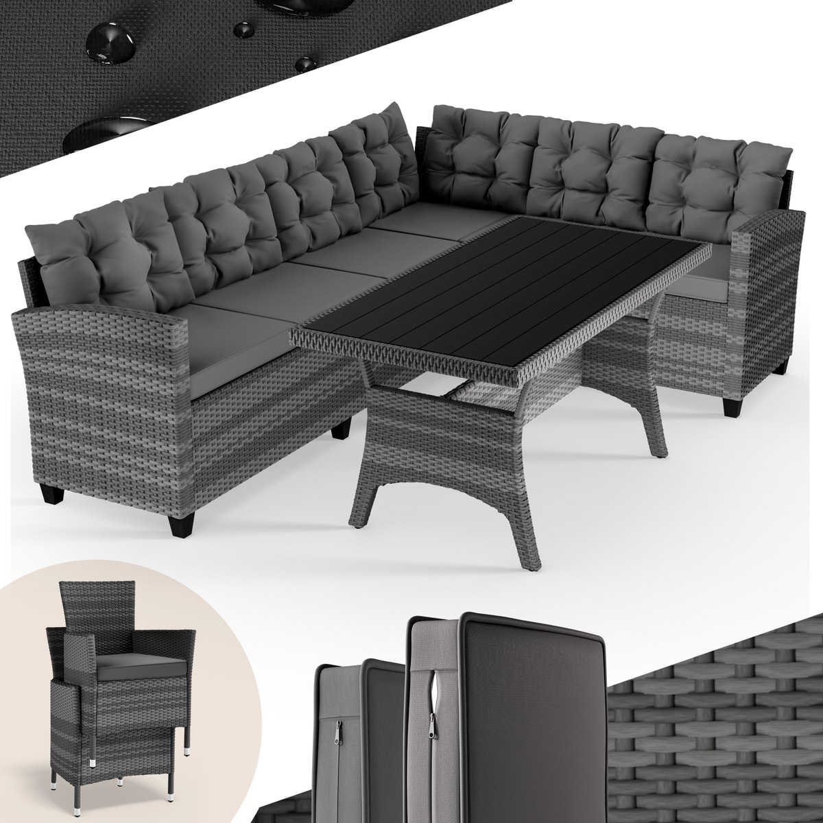 Casaria® Polyrattan Ecklounge Set Wpc Esstisch Ecksofa 2 Gartenstühle Sitzauflagen Kissen Wetterfest Outdoor Lounge Garten Terrasse Balkon Möbel