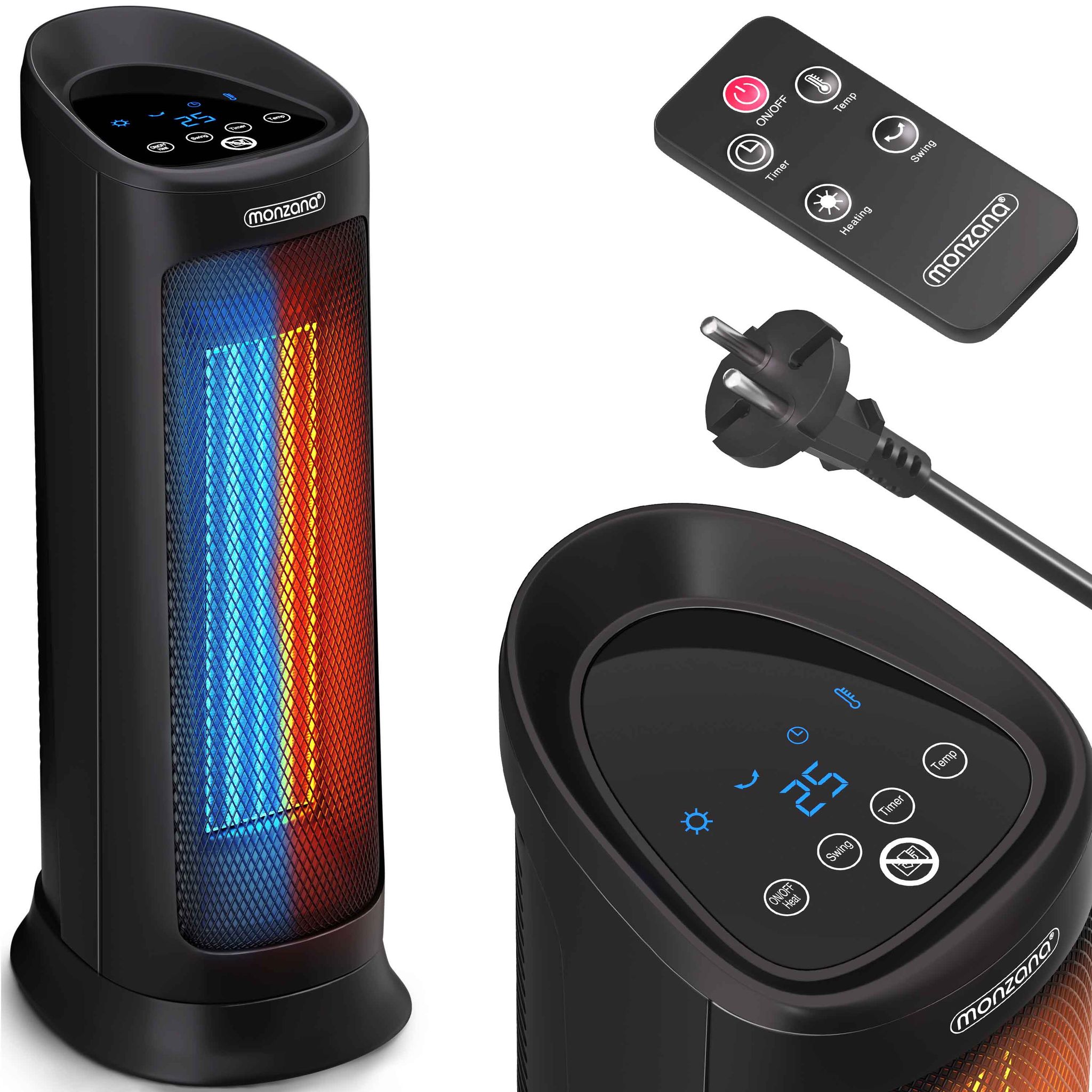 Monzana Schwarz Keramik Heizlüfter 2000W 4 Betriebsmodi 15-40°C Energiesparend 120° Oszillation Timer Leise Fernbedienung Elektroheizung Heizstrahler
