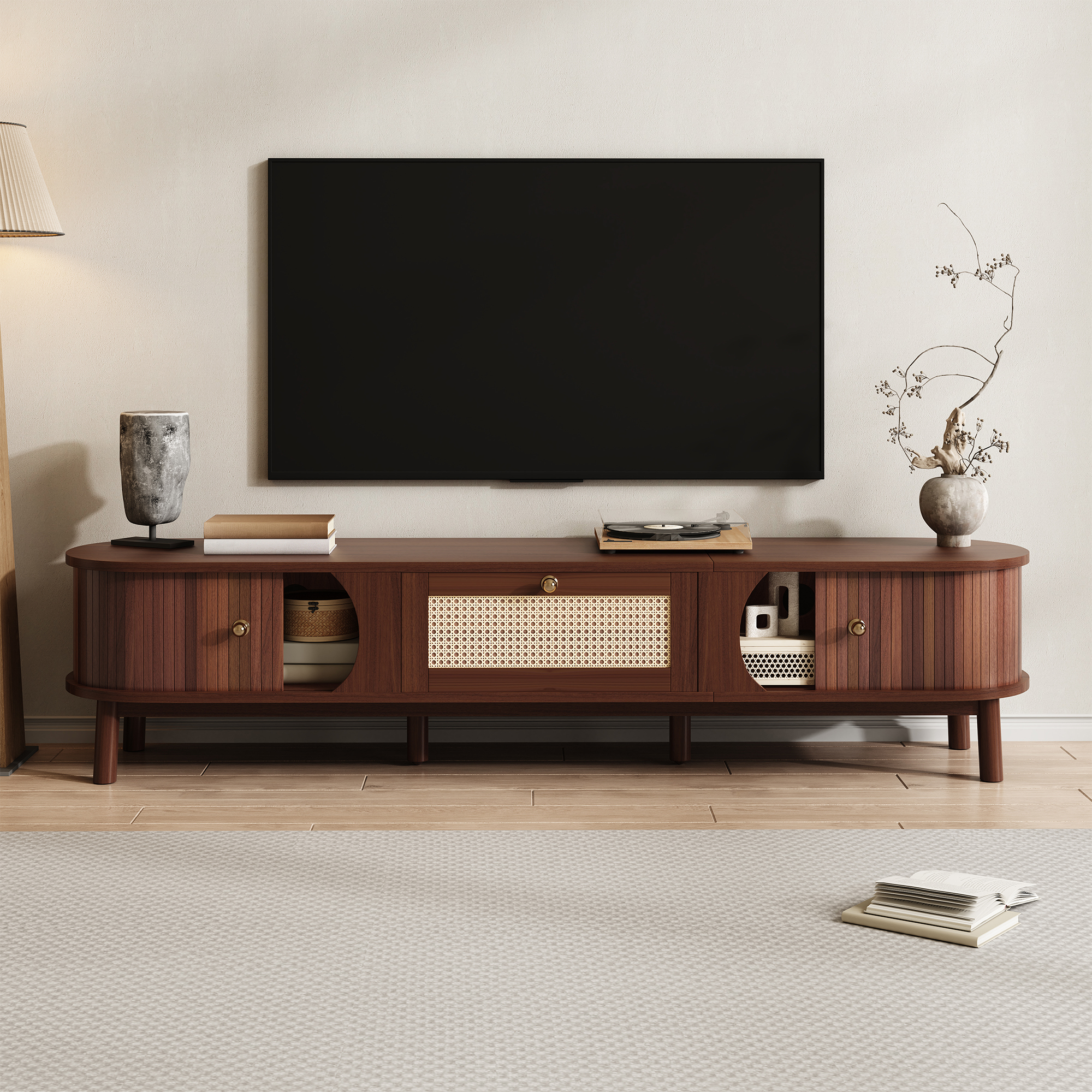 Neche - Meuble Tv Vintage Avec Portes En Bois Naturel + 1 Tiroir En