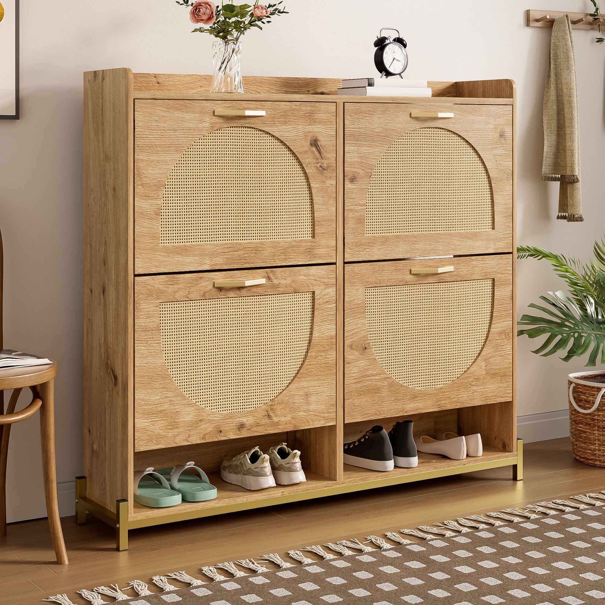 Nmonet – Meuble À Chaussures En Bois 100 Cm – 4 Portes En Rotin – Pied