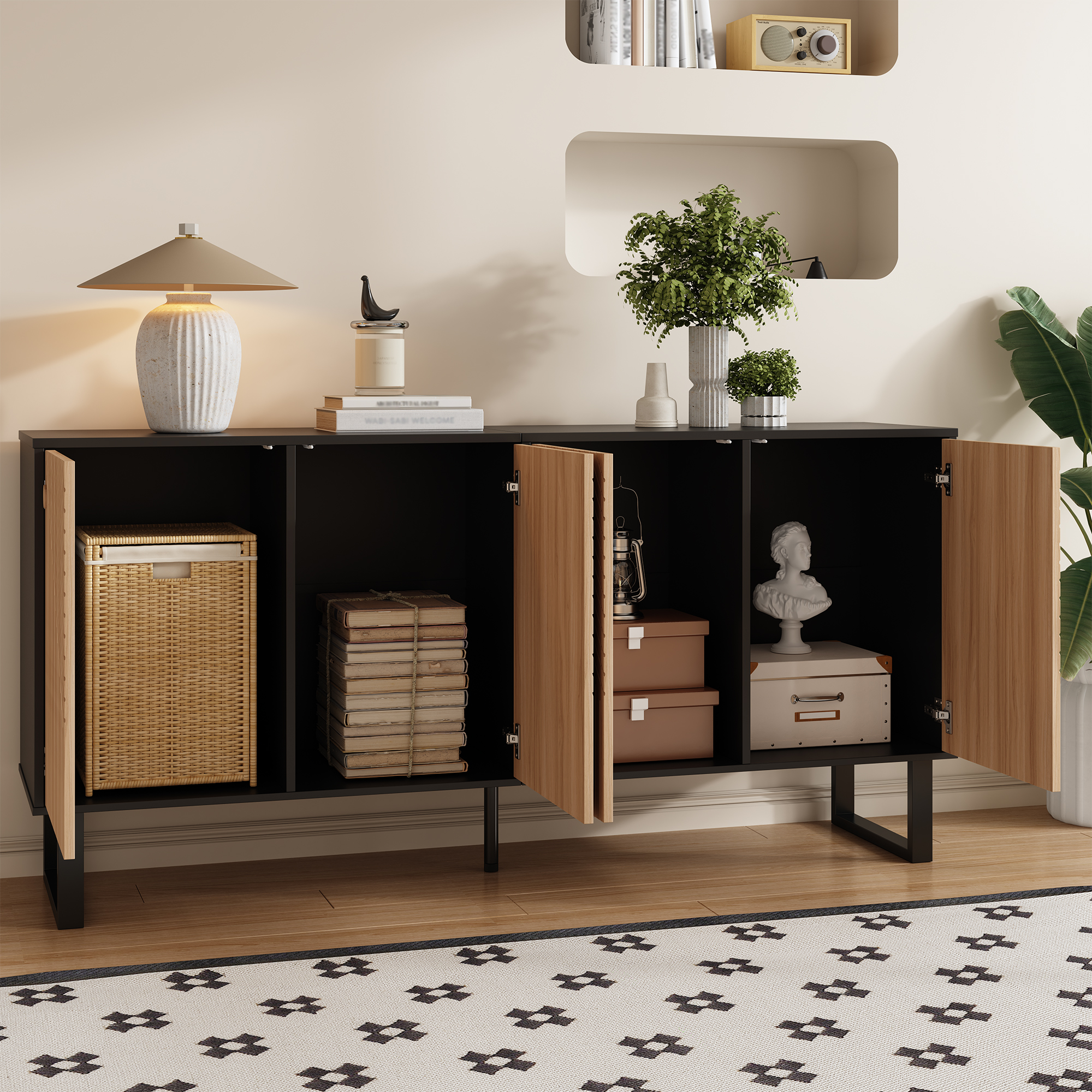 Stilvora Tv-lowboard Mit 4 Türen Und Offenen Fächern, 3d-streifenfront, Modernes Design, Aus Mdf, 160×38×75 Cm, Schwarz Natur
