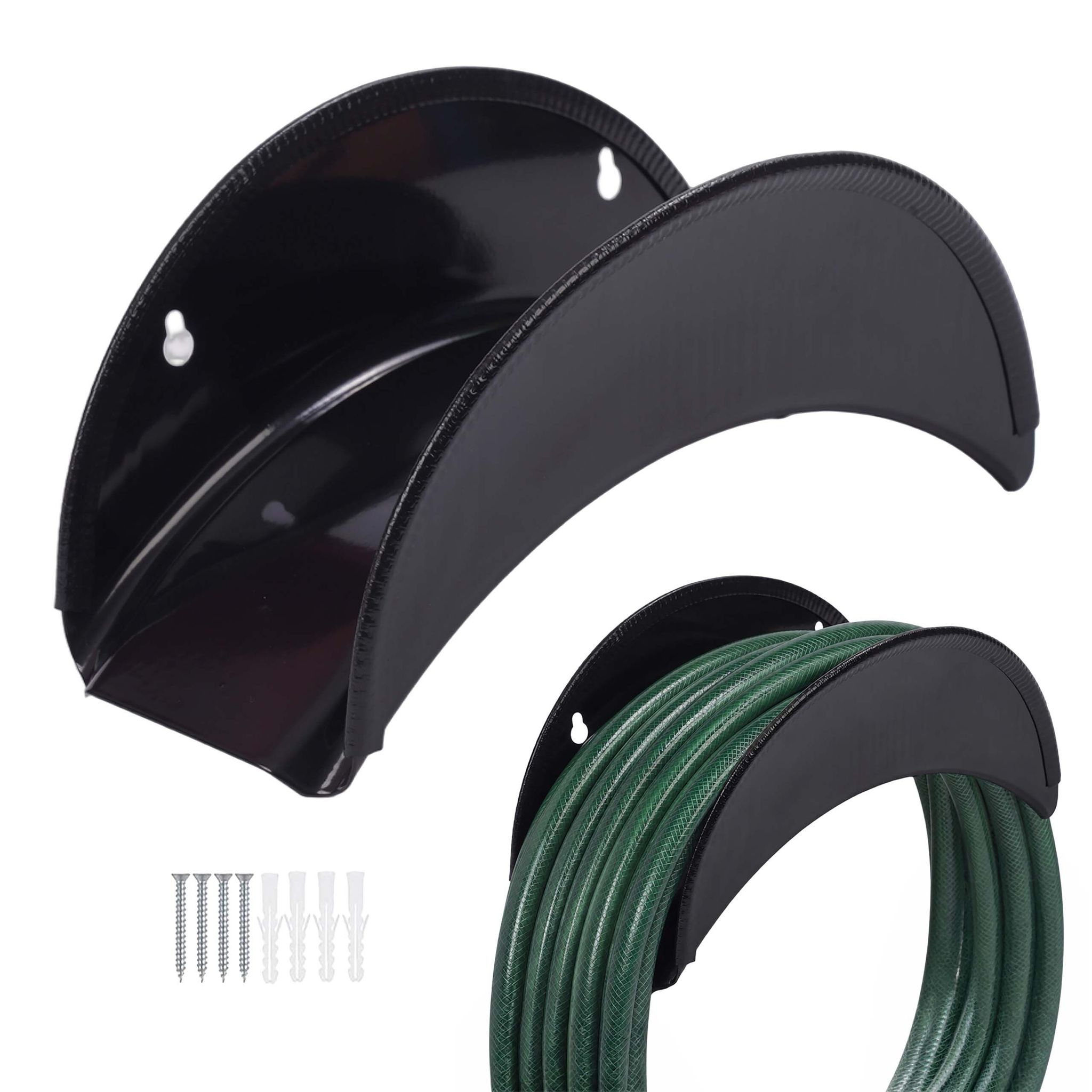 Relaxdays Schlauchhalter, 2er Set, Bis 38 M Gartenschlauch, Kantenschutz, Wandmontage, Gartenschlauchhalterung, Schwarz