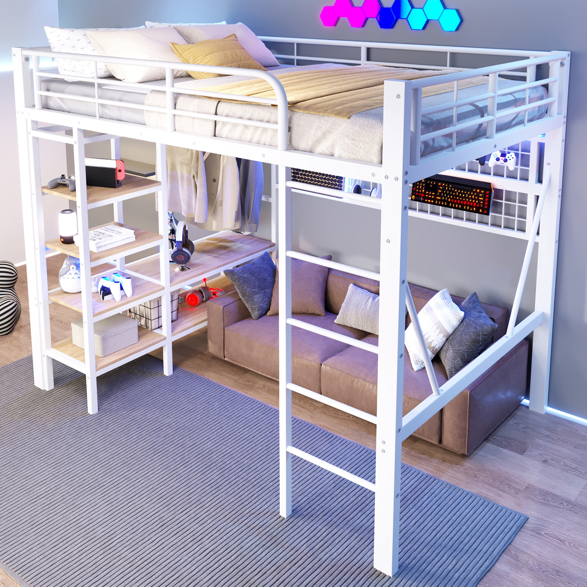 Stilvora Hochbett 140 X 200 Cm Mit Einstellbarer Led, Regal, Aufbewahrungsnetz Und Kleiderstange, Ohne Matratze, Aus Metall, Weiß