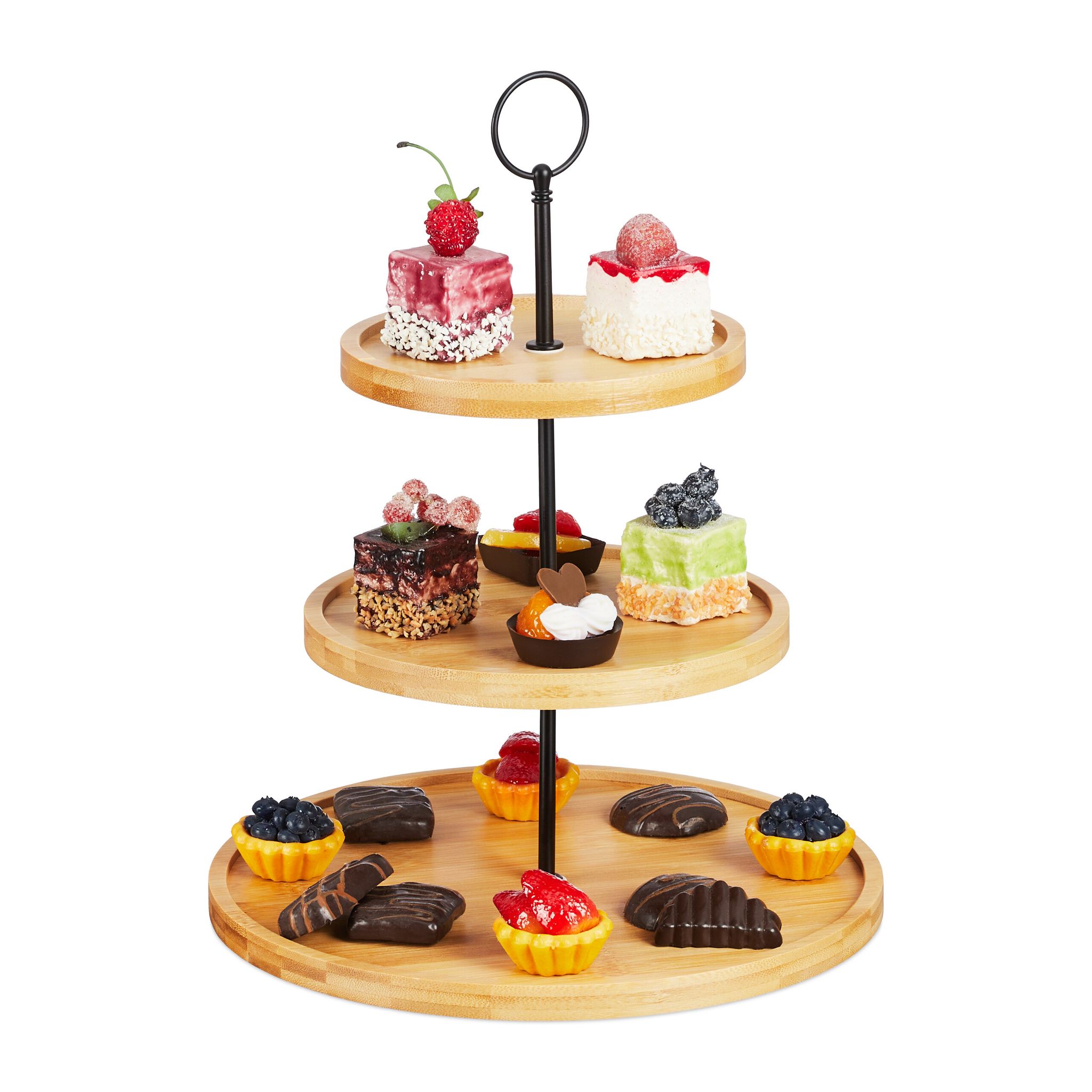 Relaxdays - Etagere, 3 Tiers, Bamboo, Cake, Snacks, Fruit, Metal Handle, Serving Stand, H X Ø, 36 X 28 Cm, Natural/black