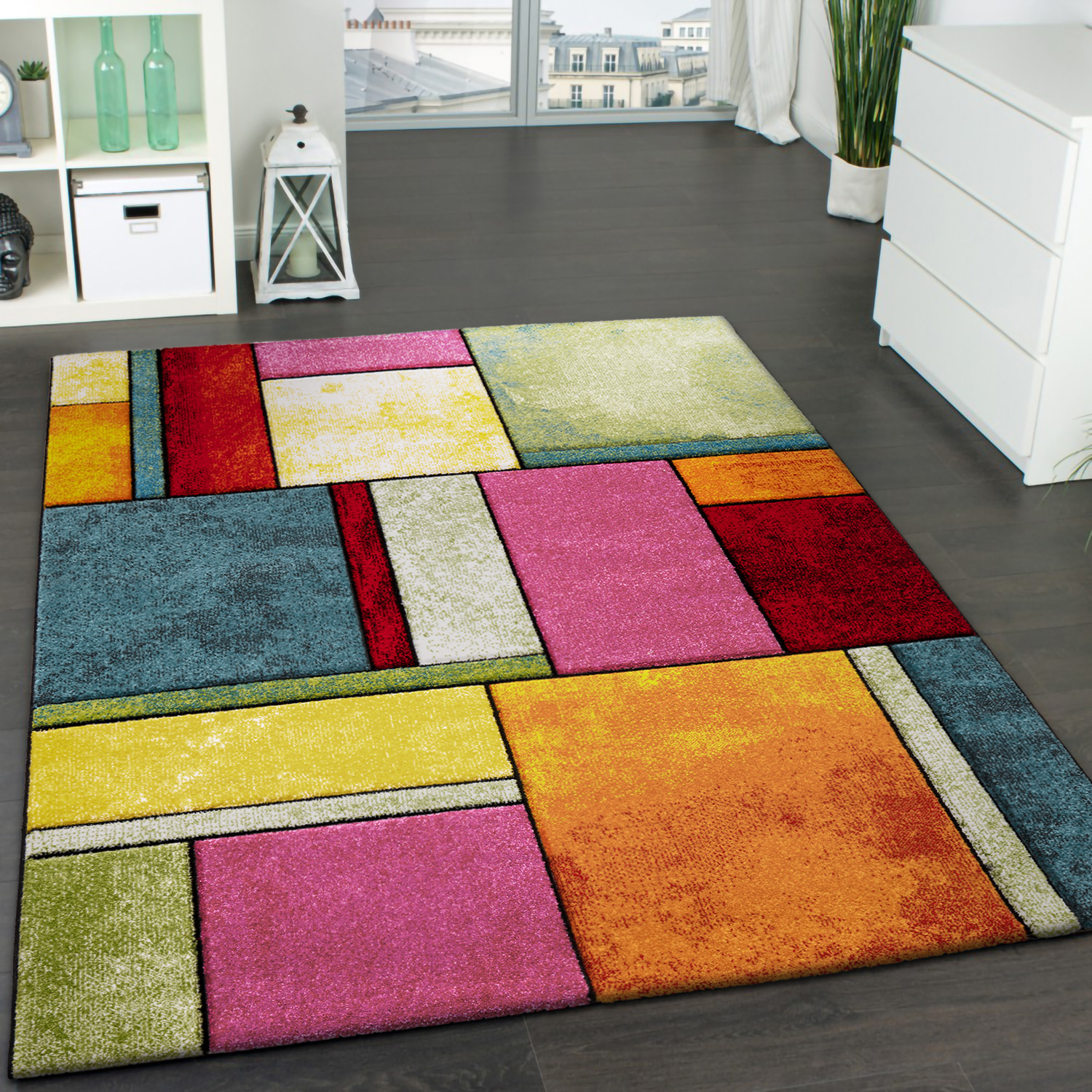 Tapis Design À Carreaux Contour Trendy Multicolore L'Oeil Vert Bleu