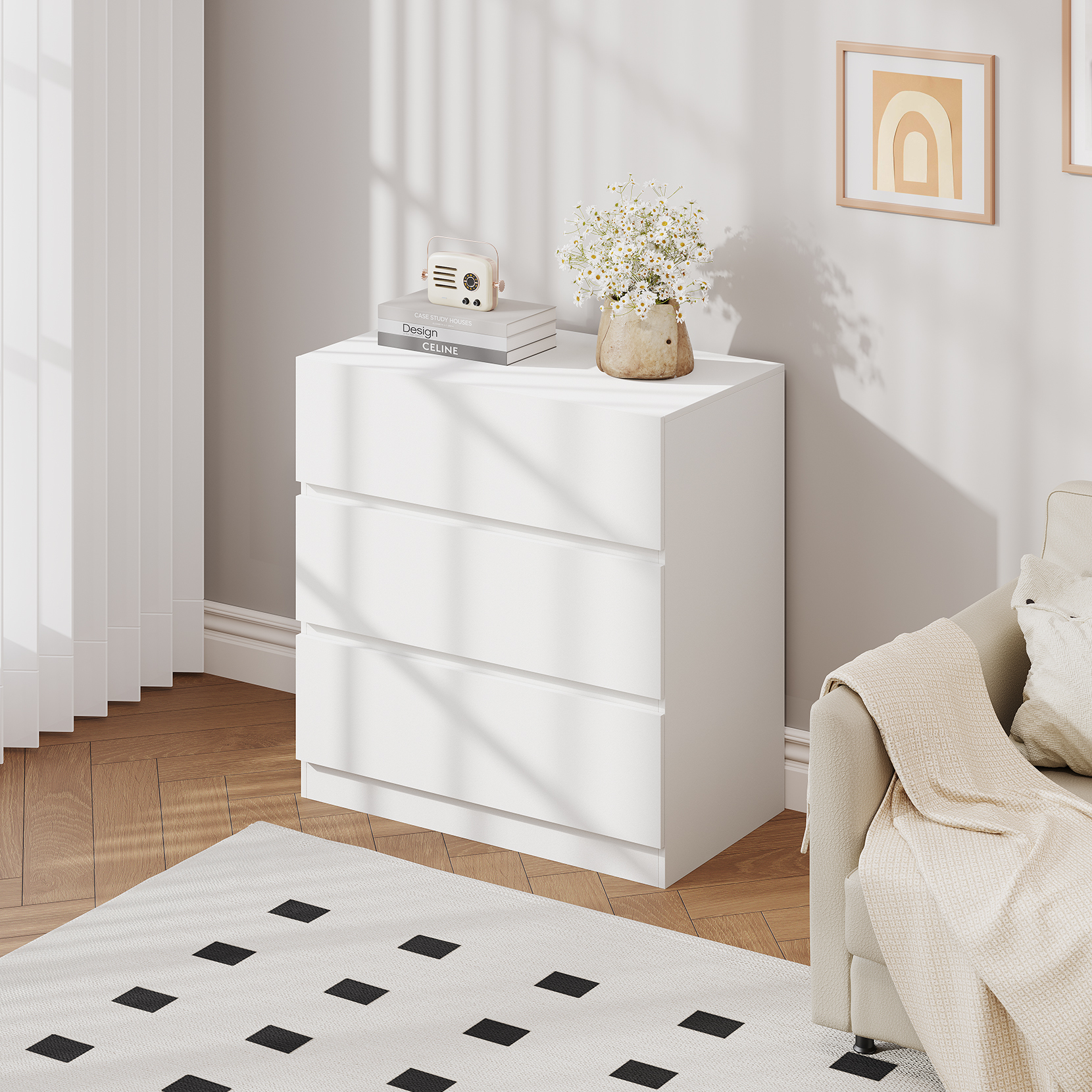 Neche – Commode Moderne 3 Tiroirs 70x40x73cm – Mdf Blanc – Rangement