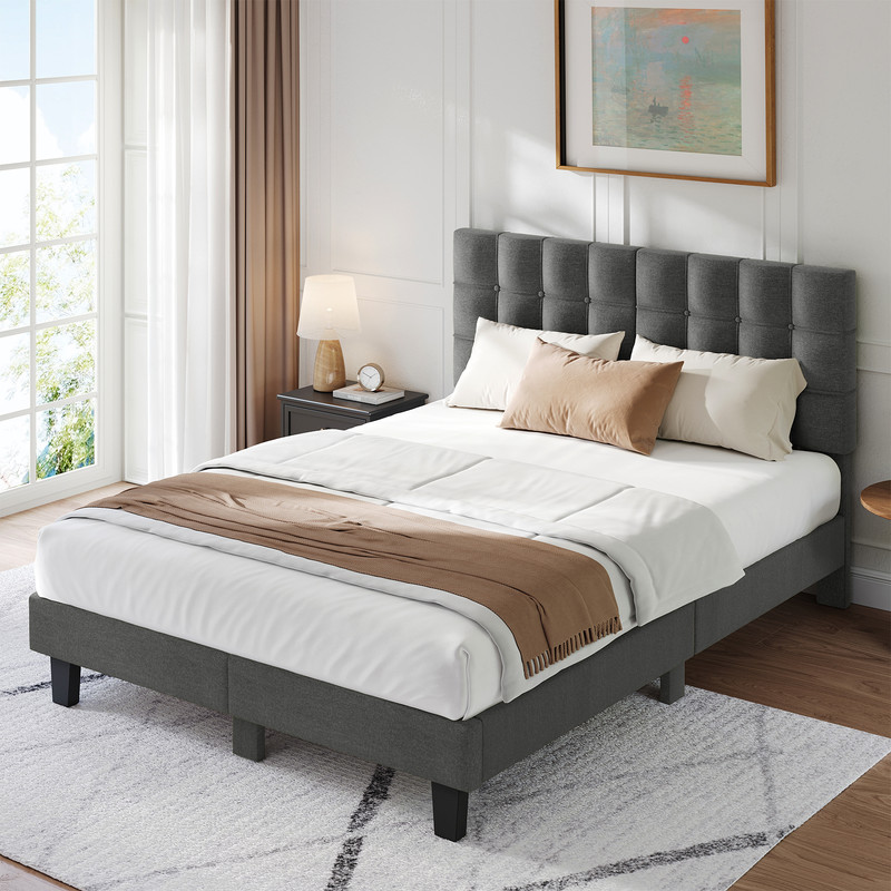 Inre – Lit Adulte 140x190 Cm – Tête De Lit Capitonnée Gris Foncé – Structure Robuste Avec 24 Lattes – Capacité De Charge 350 Kg