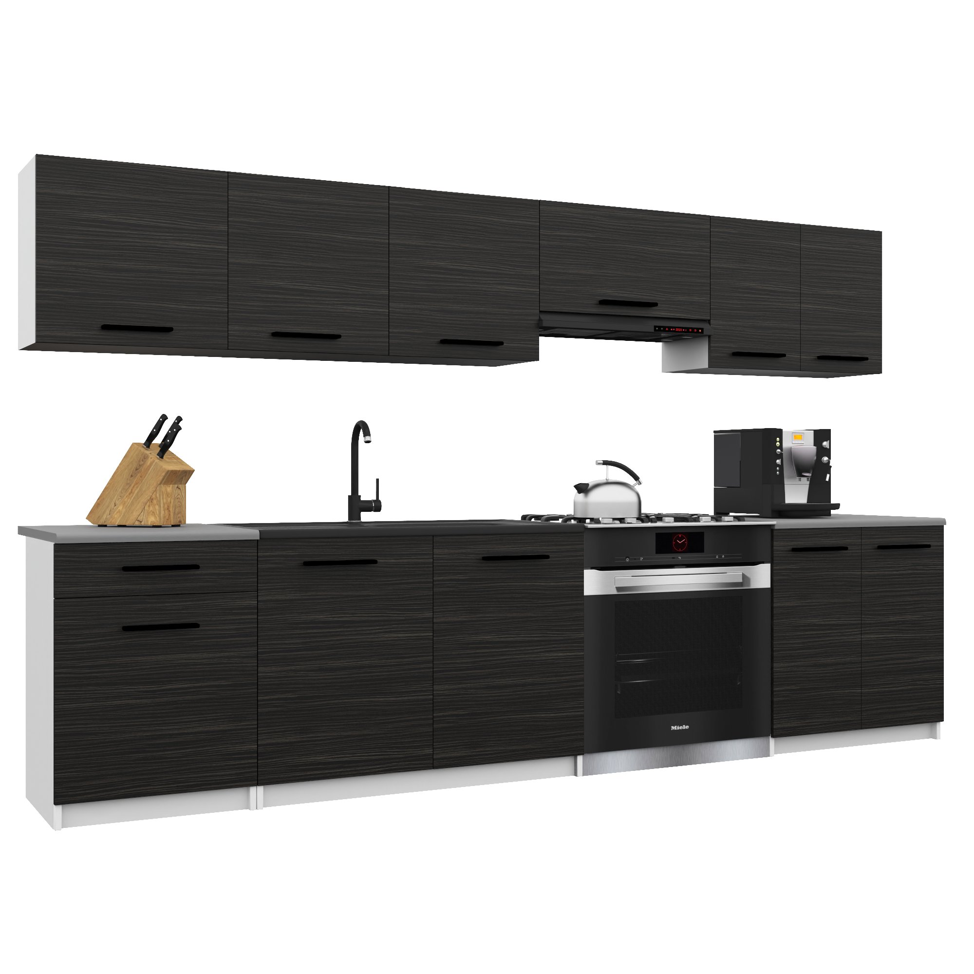 Belini Italia 2 Cuisine Equipée Modulaire Complète - 240 Cm. Meubles Hauts Bas Avec Plan De Travail, Ébène