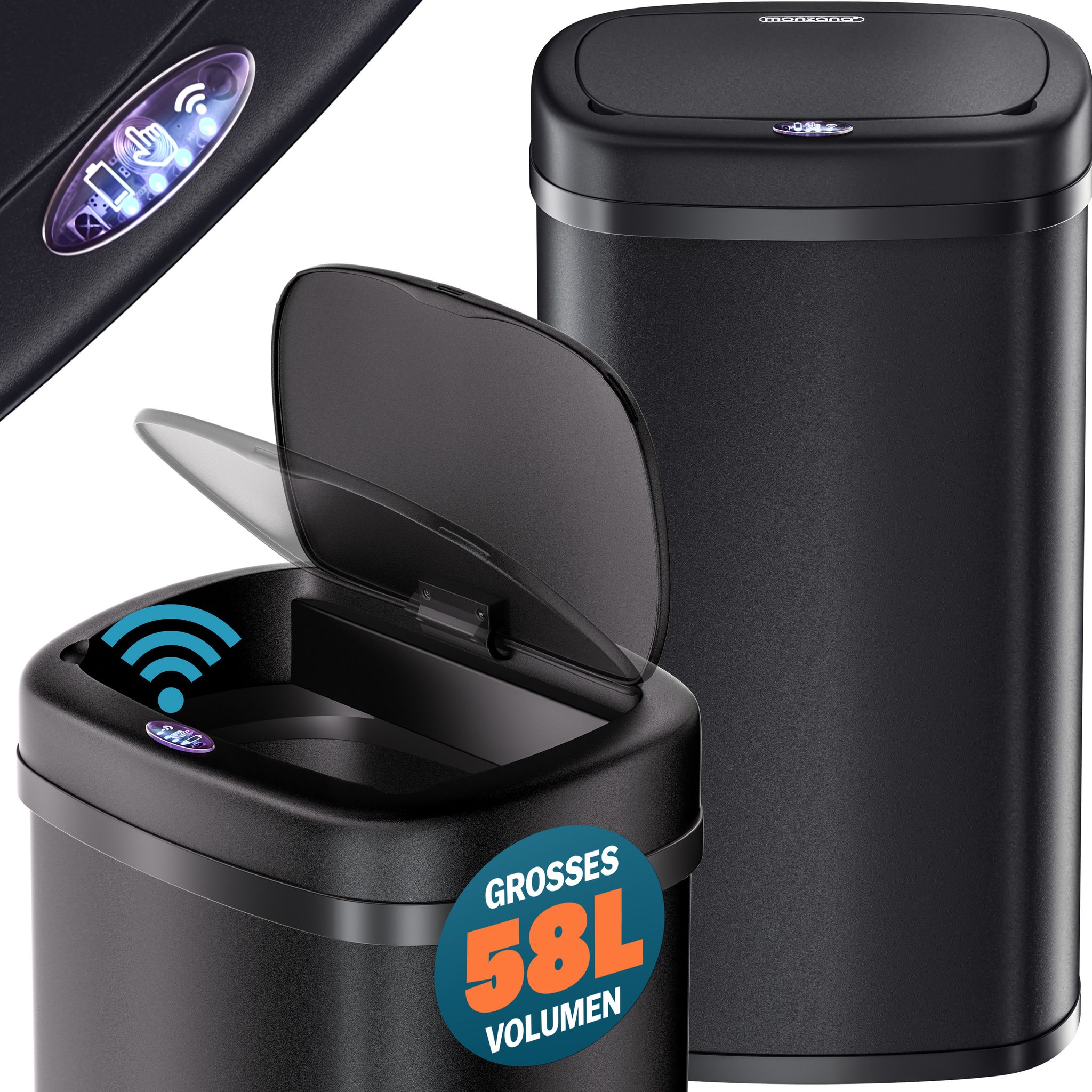 Sensor Mülleimer Küche 58 L Automatik Mit Bewegungssensor Soft-close-deckel Usb-kabel Wasserdicht Smarter Abfalleimer Müllbehälter Schwarz - Monzana