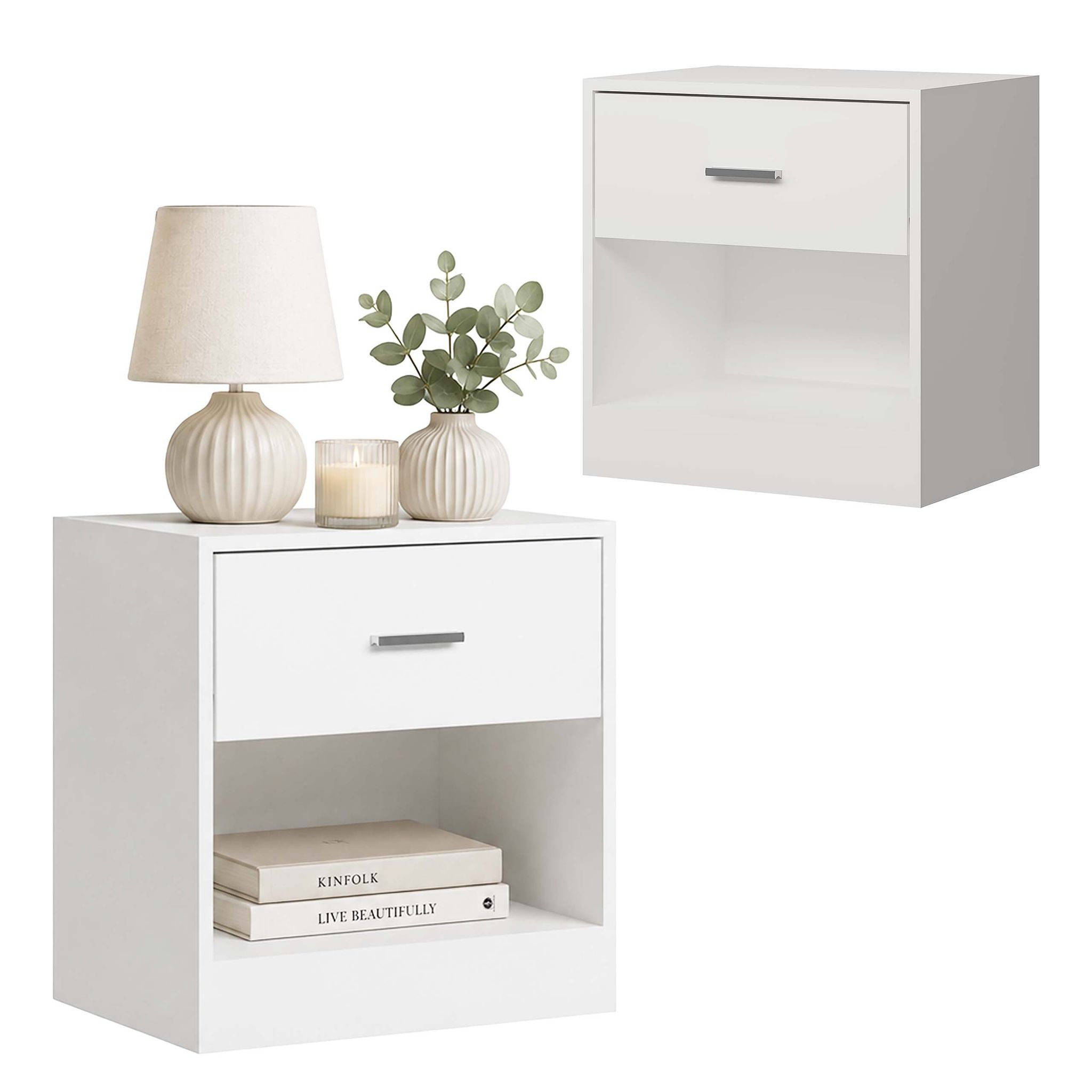 Relaxdays Nachttisch 2er Set, Schublade, Offenes Fach, Hbt 41x39x28cm, Nachtschrank Schlafzimmer, Nachtkasten, Weiß