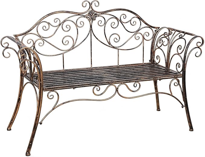 Hlc Banc De Jardin Fer Forgé, Banc De Jardin Deux Places Avec Dossier Décoratif En Fer Forgé, Banc Exterieur Jardin, 2 Places, 133 90 49cm, Balcon, Terrasse, Antirouille