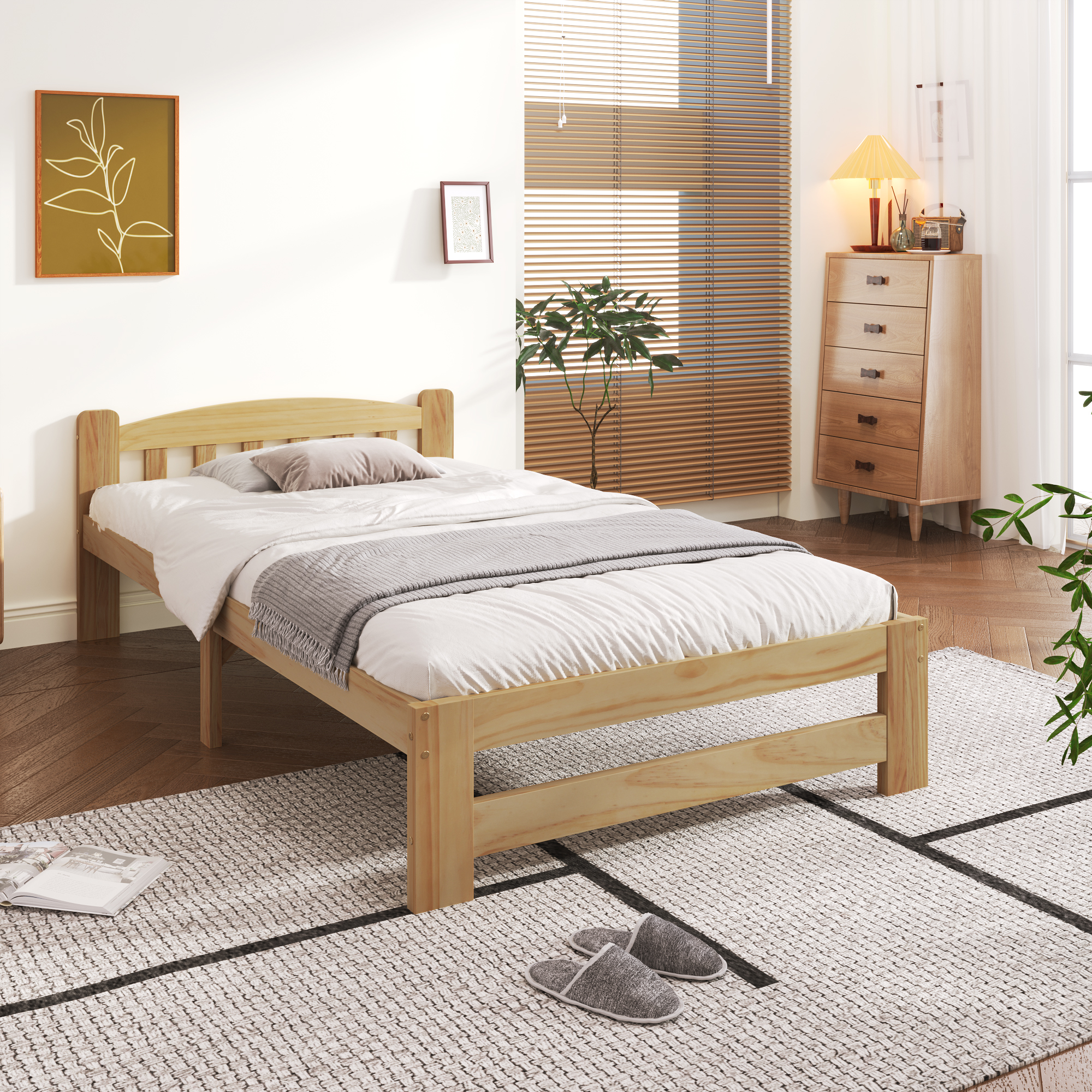 Modenvie Einzelbett 90×200 Cm Mit Kopfteil, 15 Latten Und Mittelfuß, Ohne Matratze, Aus Massivholz, Natur