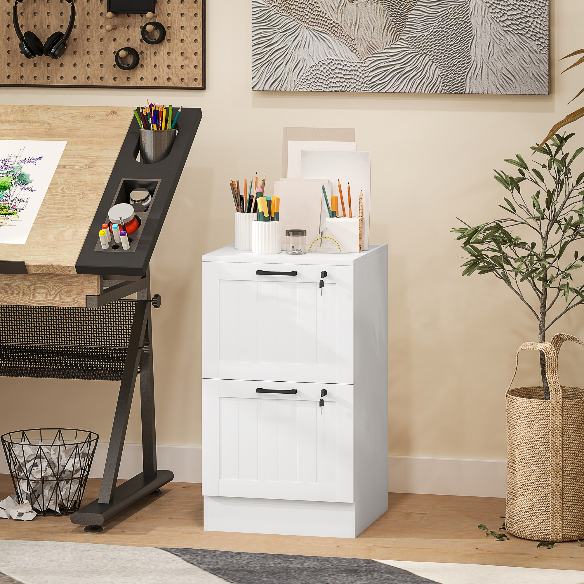 Caisson Bureau, Meuble Rangement Bois 2 Tiroirs Et Serrure