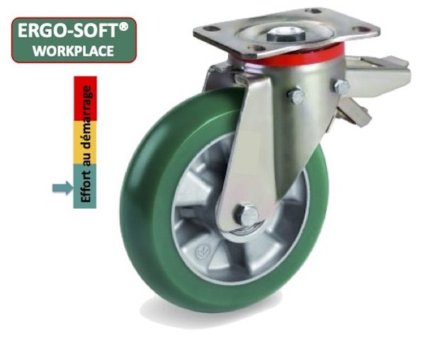 Roulette pivotante à frein Ø200 mm, roue polyuréthane vert Ergo-soft, charge 700 kg, moyeu à roulements