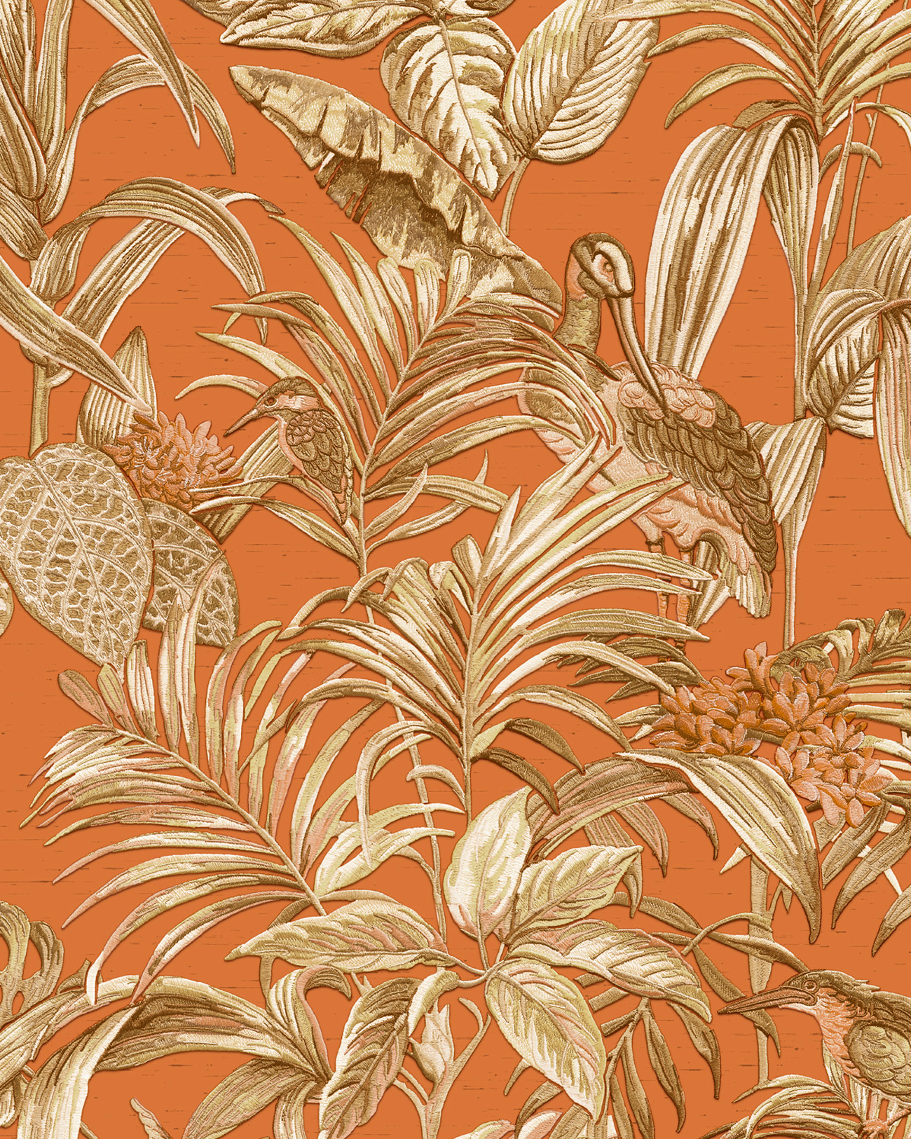 Birds Wallpaper Wall Profhome De120019-di Hot Embossed Non-woven Wallpaper Embossed With Exotic Design Shiny Orange Copper Gold Cream 5.33 M2 (57 Ft2)