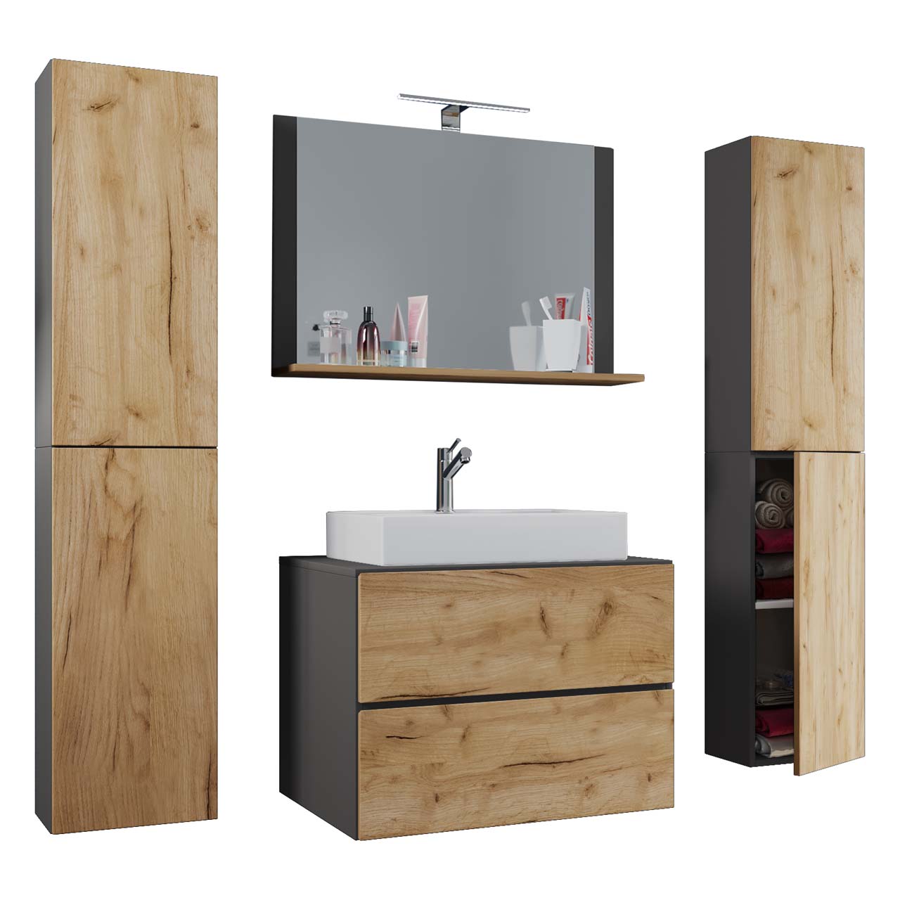 Vcm Braun/Grau Badmöbelset, 5-Tlg. Waschplatz Waschtisch Lendas Xl Schublade Hochschrank - Image 4