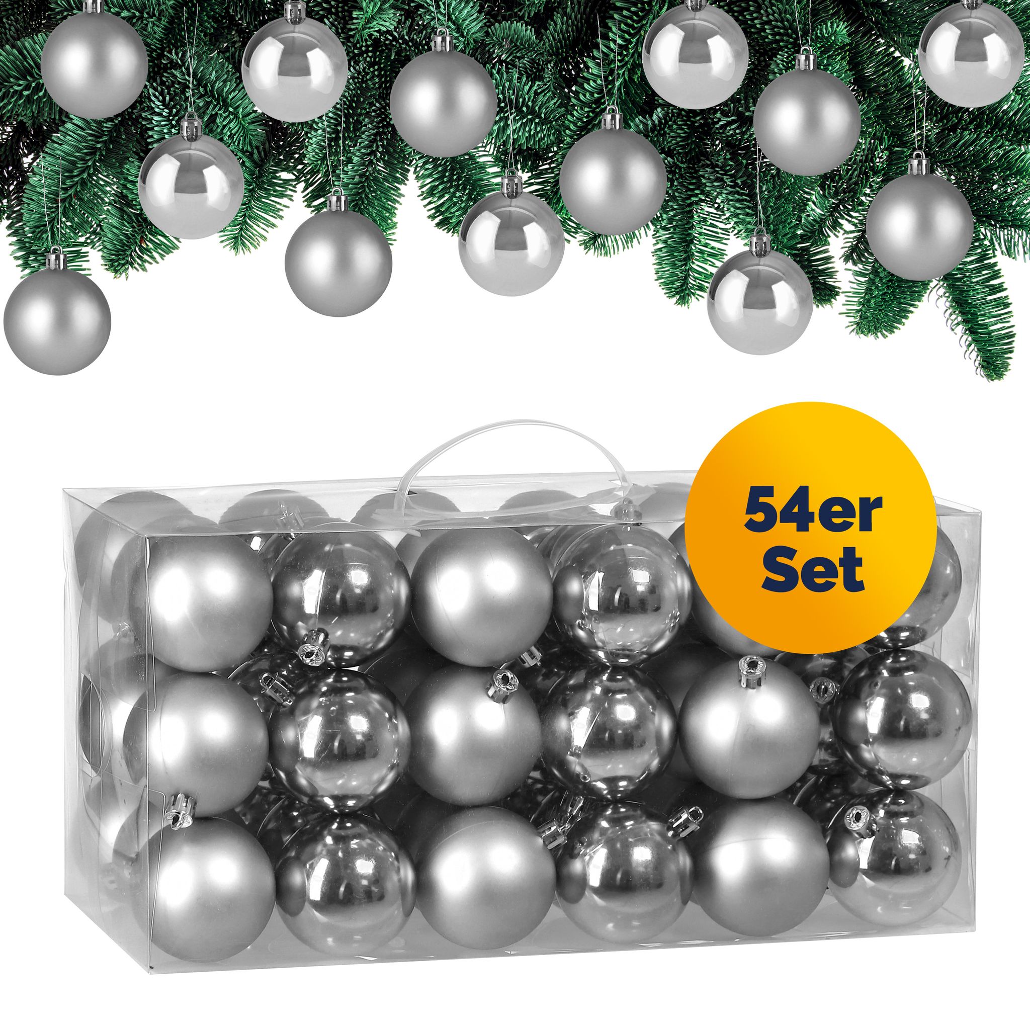 Casaria® Weihnachtskugeln 54-tlg Ø 6cm Kunststoff Matt Glänzend Christbaumschmuck Anhänger Christbaumkugeln Weihnachtsdeko Weihnachtsbaum Silber