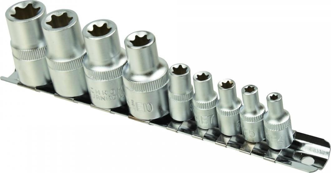 Import 9-Teiliger Satz Torx-Steckschlüssel E4-16, 1/4" Und 1/2" Auf Einer Geko-Leiste (20)