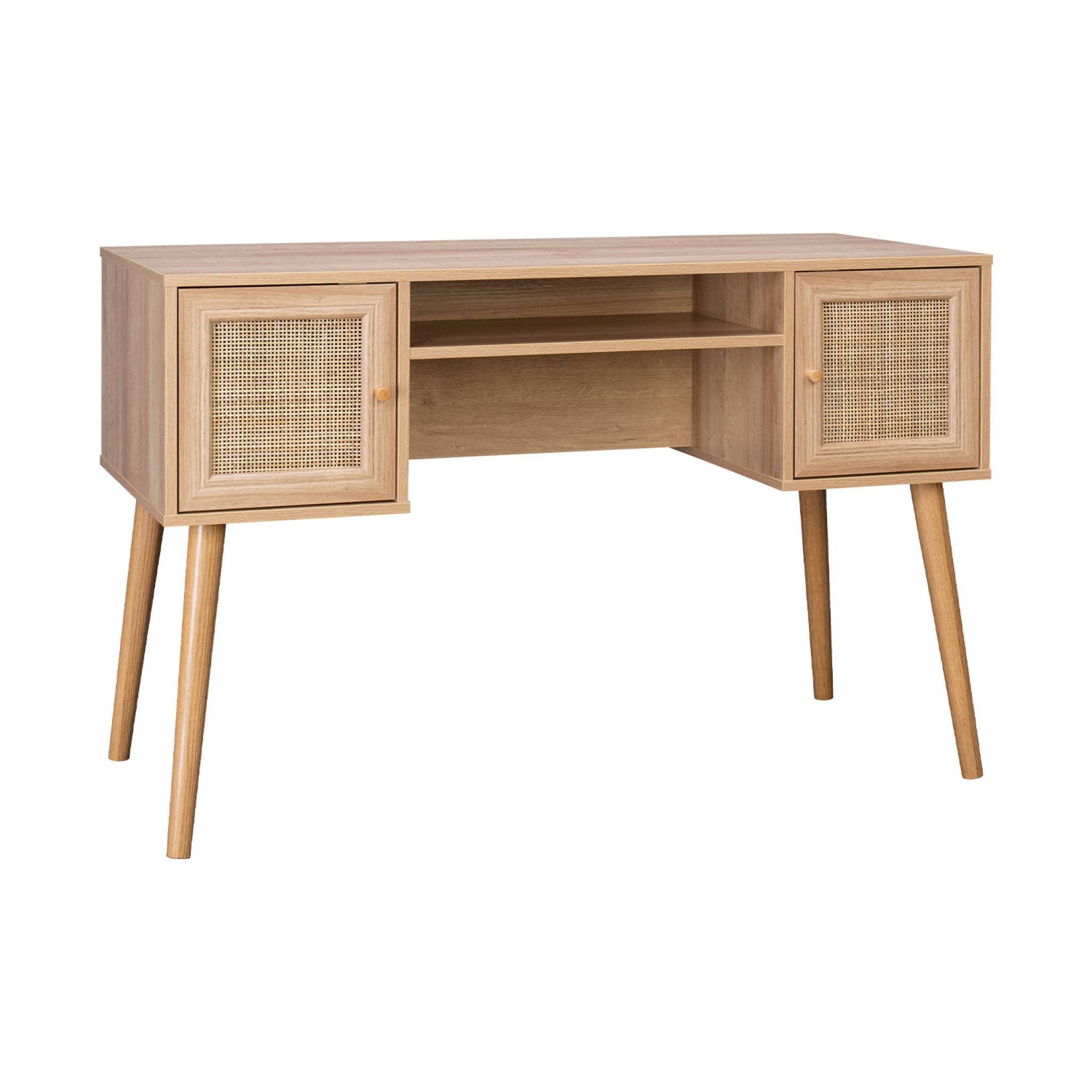Sweeek - Bureau Cannage Et Décor Bois Avec 2 Portes. 1 Casier Ouvert.