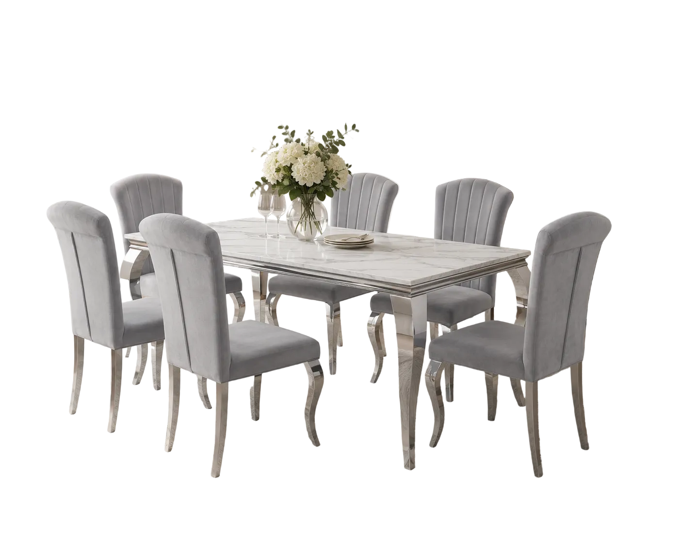 Ensemble Table À Manger 150cm Marbré + 6 Chaises Velours Gris Pieds