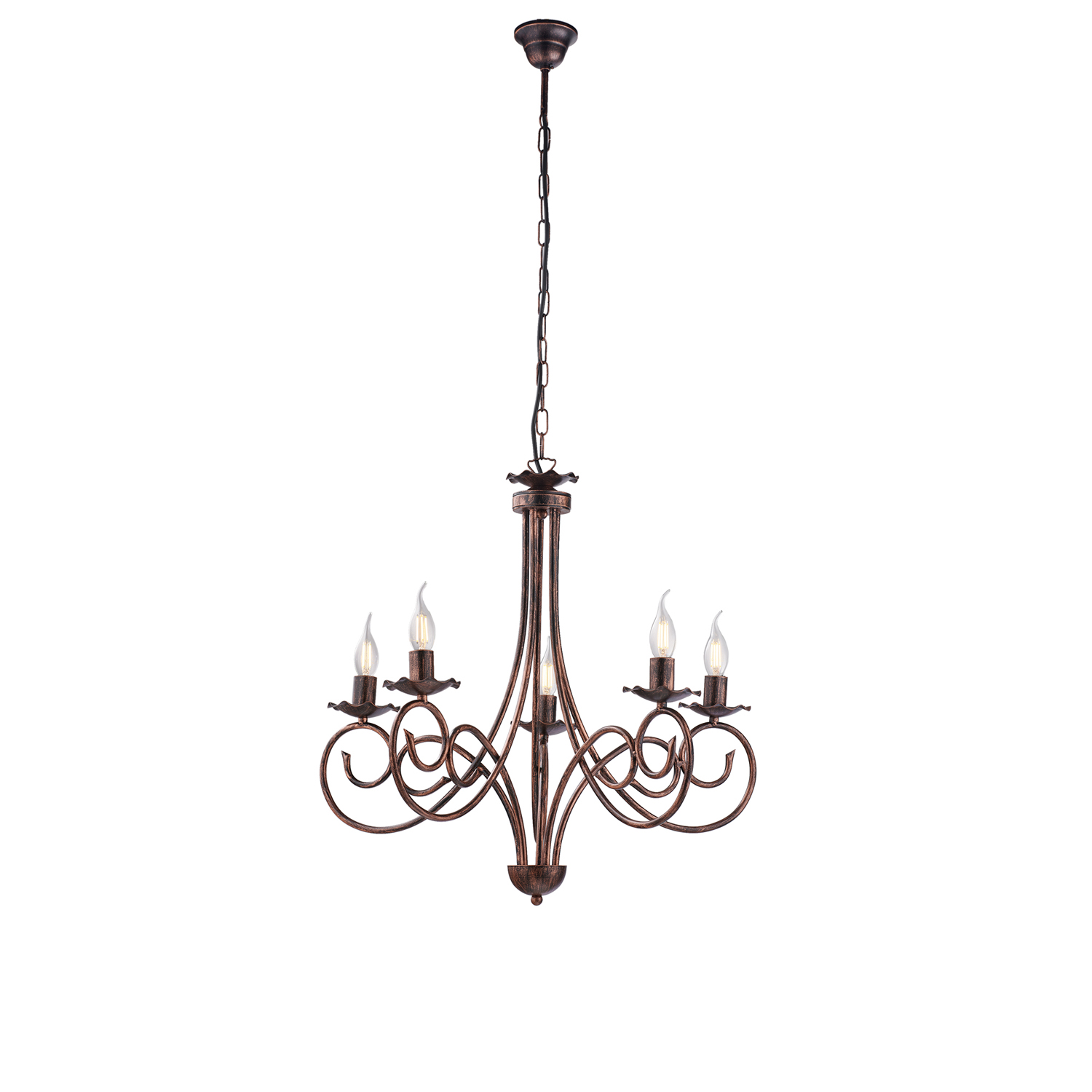 Lampadario In Ferro Laccato Nero Con Decorazione Rame Antico 5 Luci