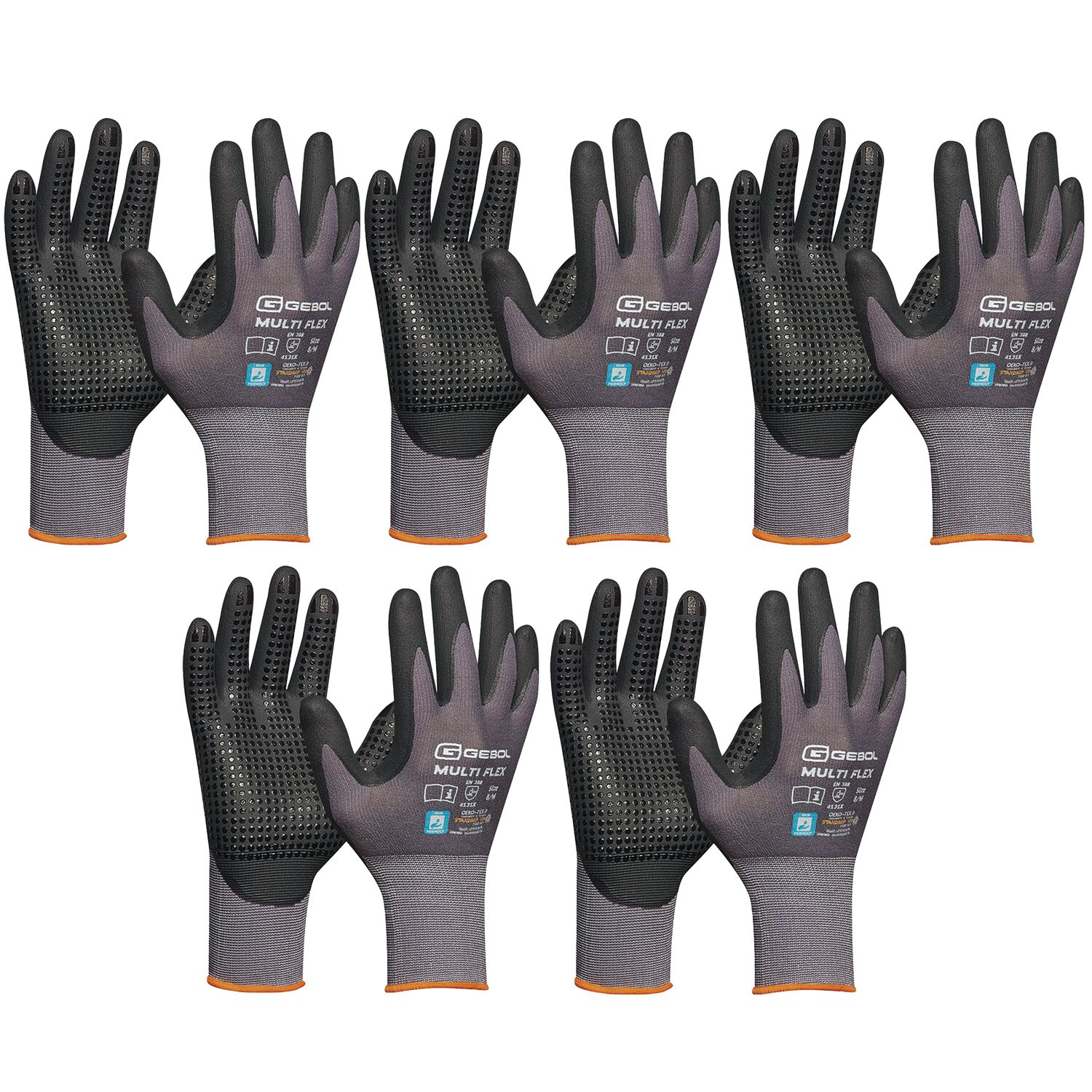 Vasalat Grau/Schwarz Handschuhe Mit Noppen - Montagehandschuhe Gr 7 - Gebol Arbeitshandschuhe Multiflex Robust Und Atmungsaktiv - 5 Paar - Image 2