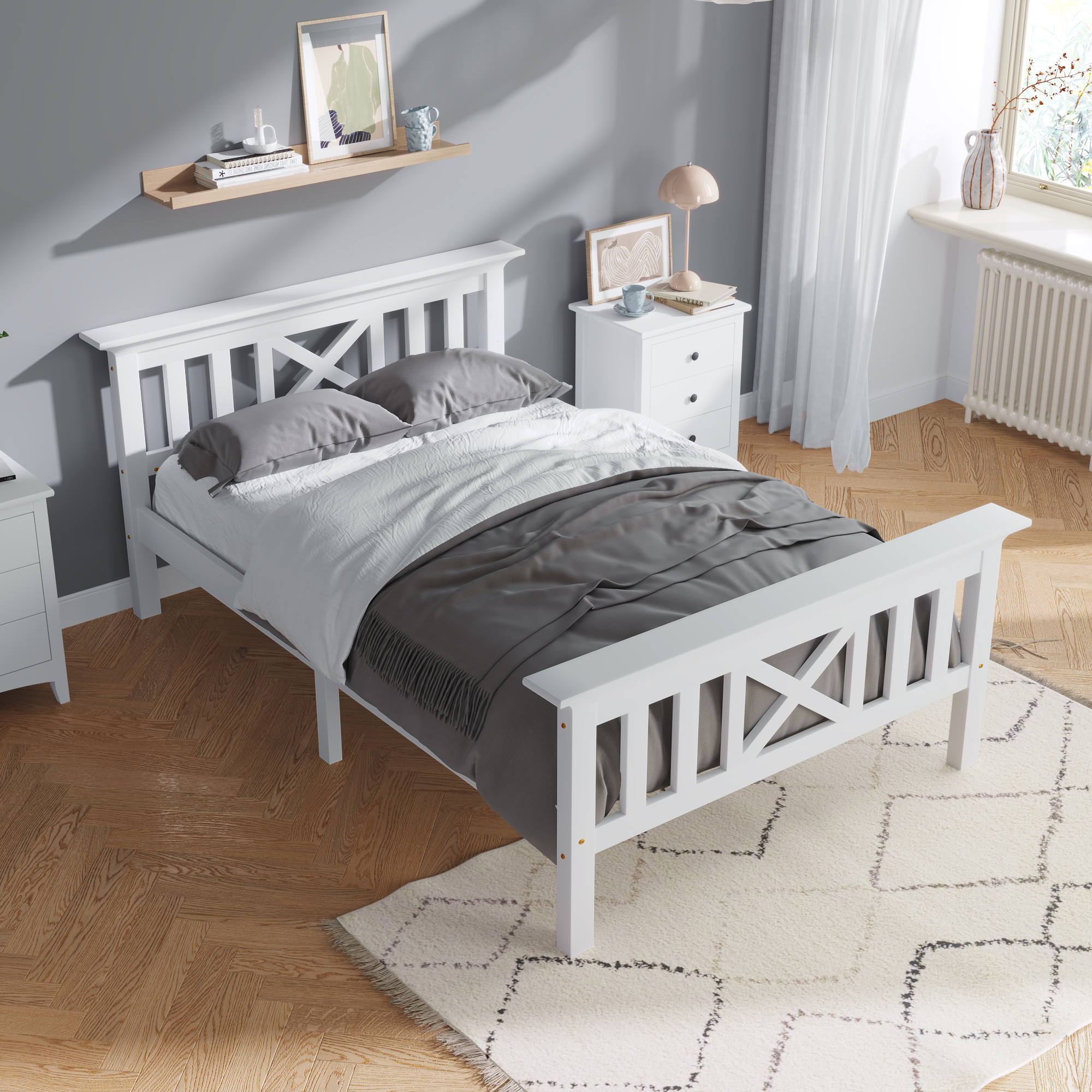U-Life Holzbett Einzelbett Aus Bettgestell Mit Lattenrost Holzbett Mit Kopfteil - 90 X 200 Cm Massivholz Kinderbett Jugendbett Kiefer Massiv Weiß