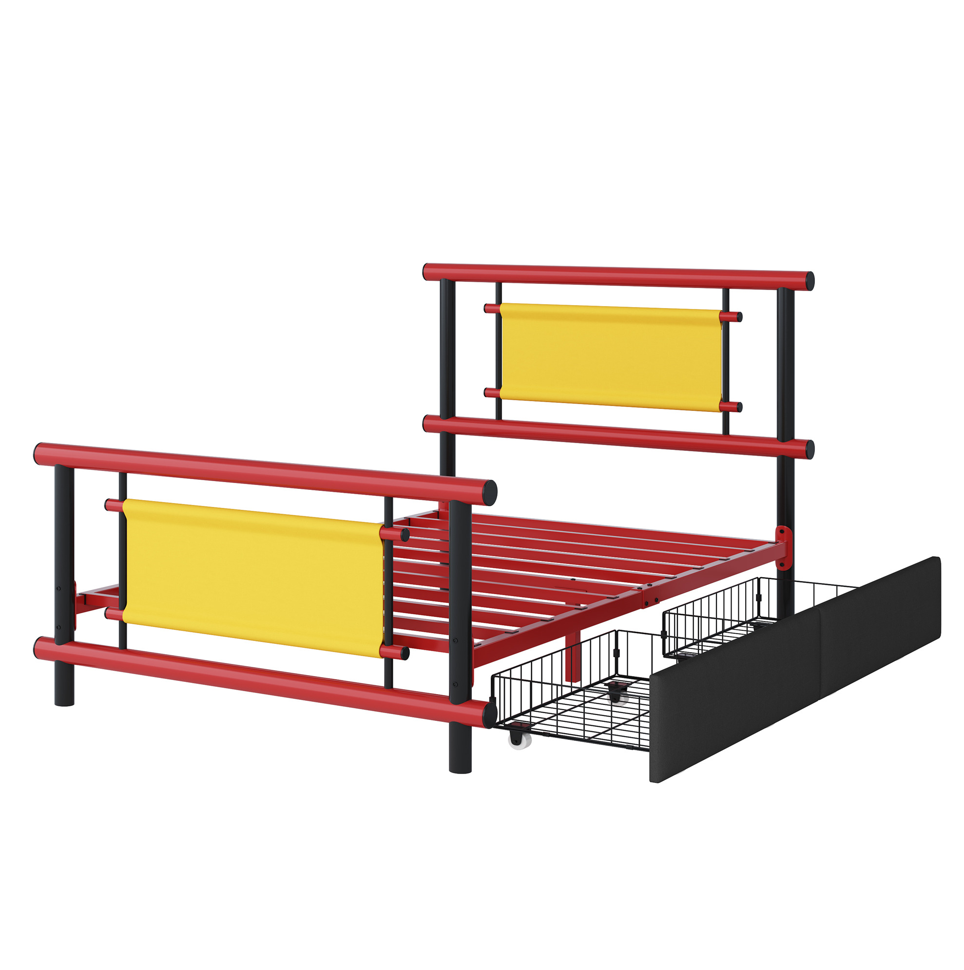 Modenuit Kinderbett Aus Metall 90 X 200 Cm Mit Schubladen, Robuster Stahlrahmen, Rot