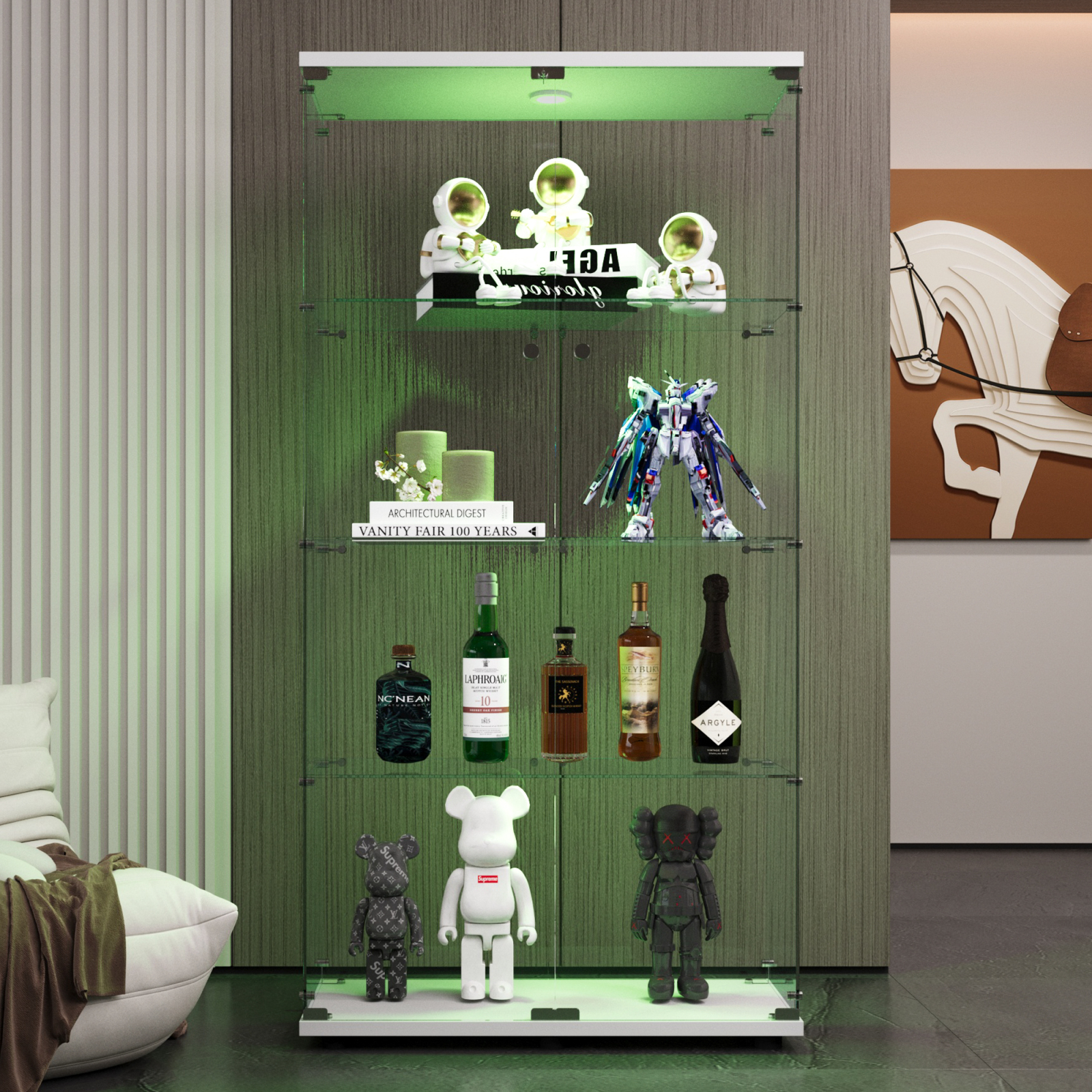 Vitrine En Verre, Vitrine Pour Collection, Vitrine Led, Vitrine En Verre Avec Led, 36×80×164 Cm, Blanc