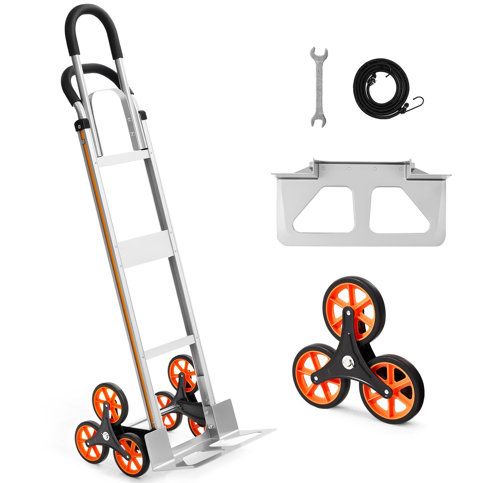 Diable de transport d'escaliers pliable en aluminium, charge 150 kg, poignée télescopique, 6 roues et 2 sangles