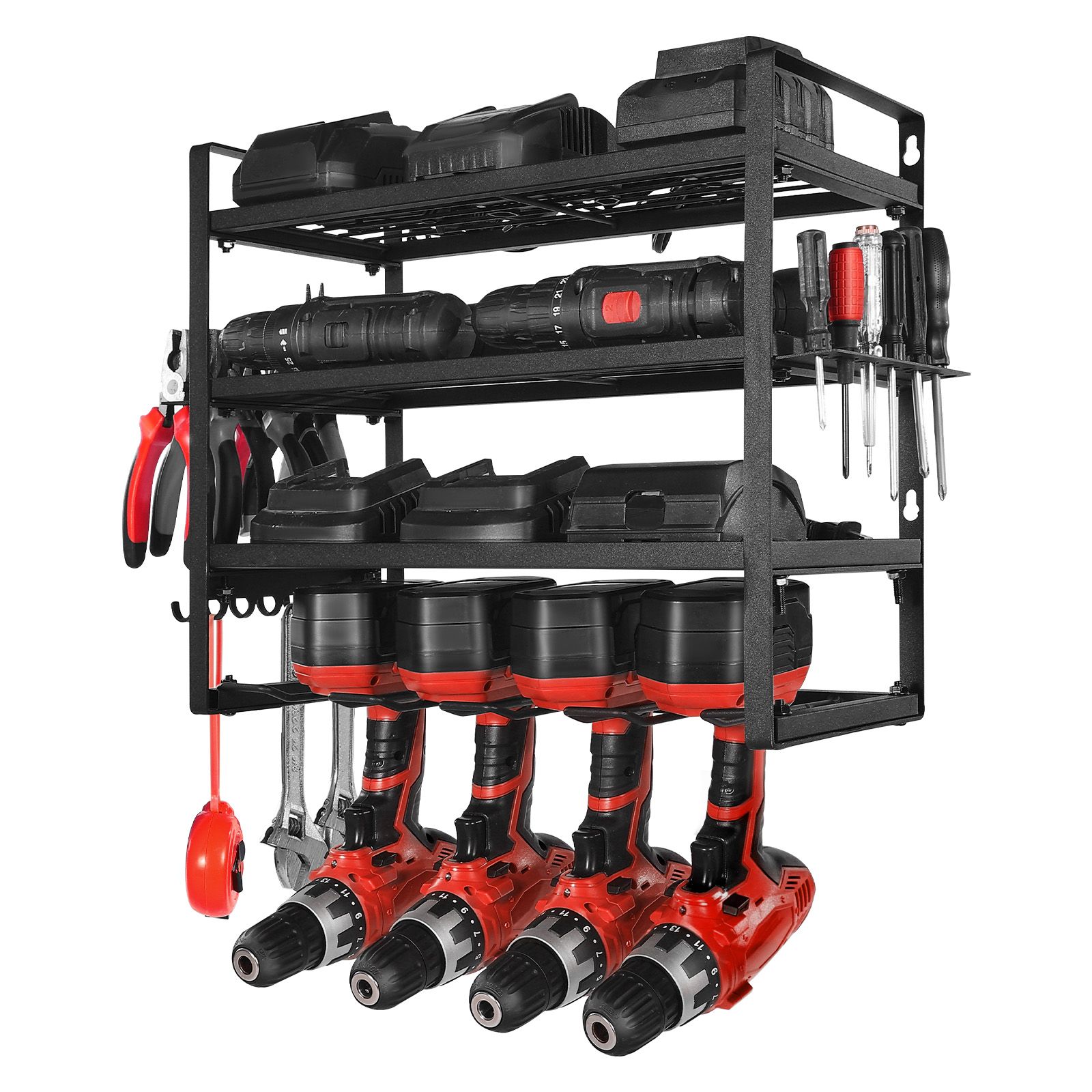 Support mural pour outils 4 niveaux en acier au carbone, 4 porte-perceuses et porte-tournevis, charge 132 lb