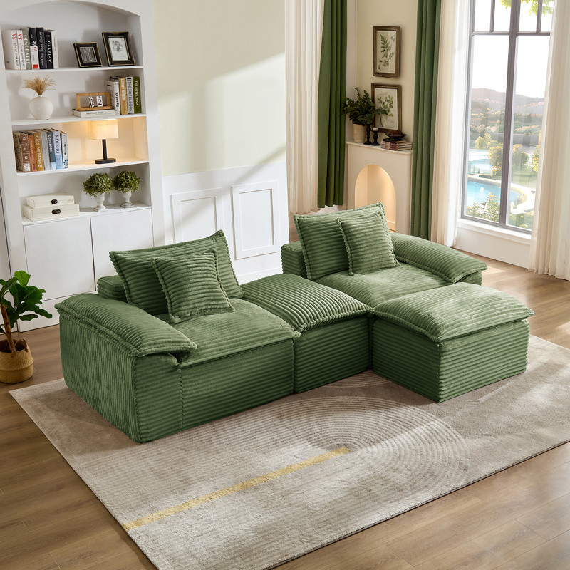 Canapé Convertible 2 Places En Velours Côtelé Avec Poufs